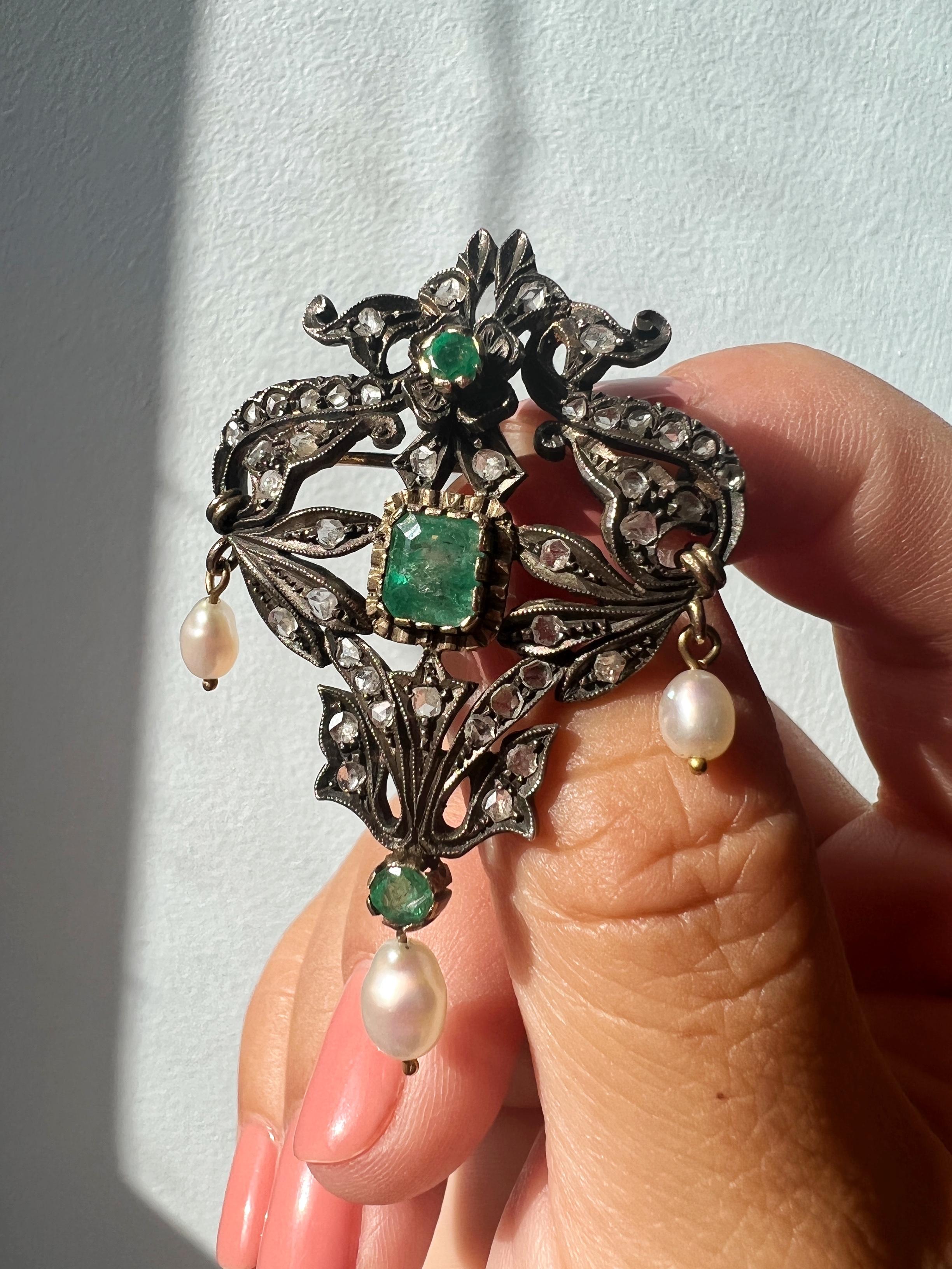 Beautiful Antique 18k Gold Floral Emerald Diamond Pearl Pendant Brooch 3