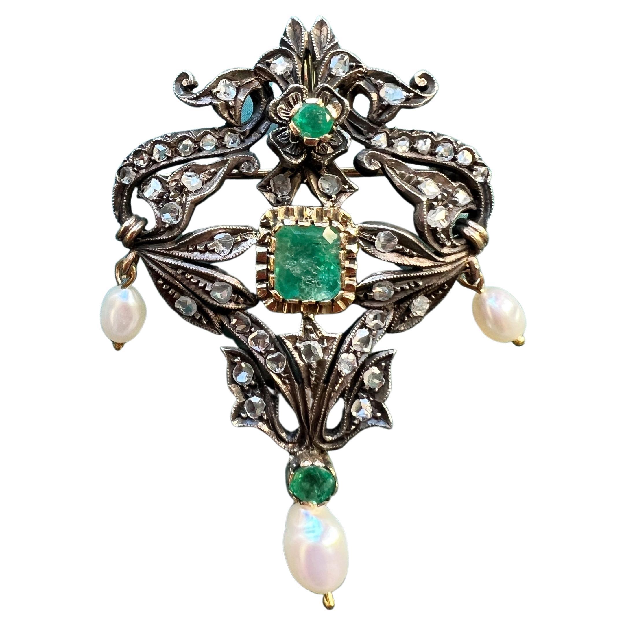 Beautiful Antique 18k Gold Floral Emerald Diamond Pearl Pendant Brooch For Sale
