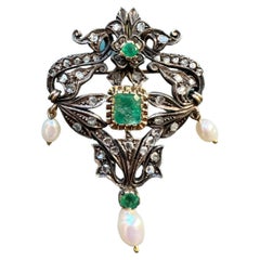 Beautiful Antique 18k Gold Floral Emerald Diamond Pearl Pendant Brooch