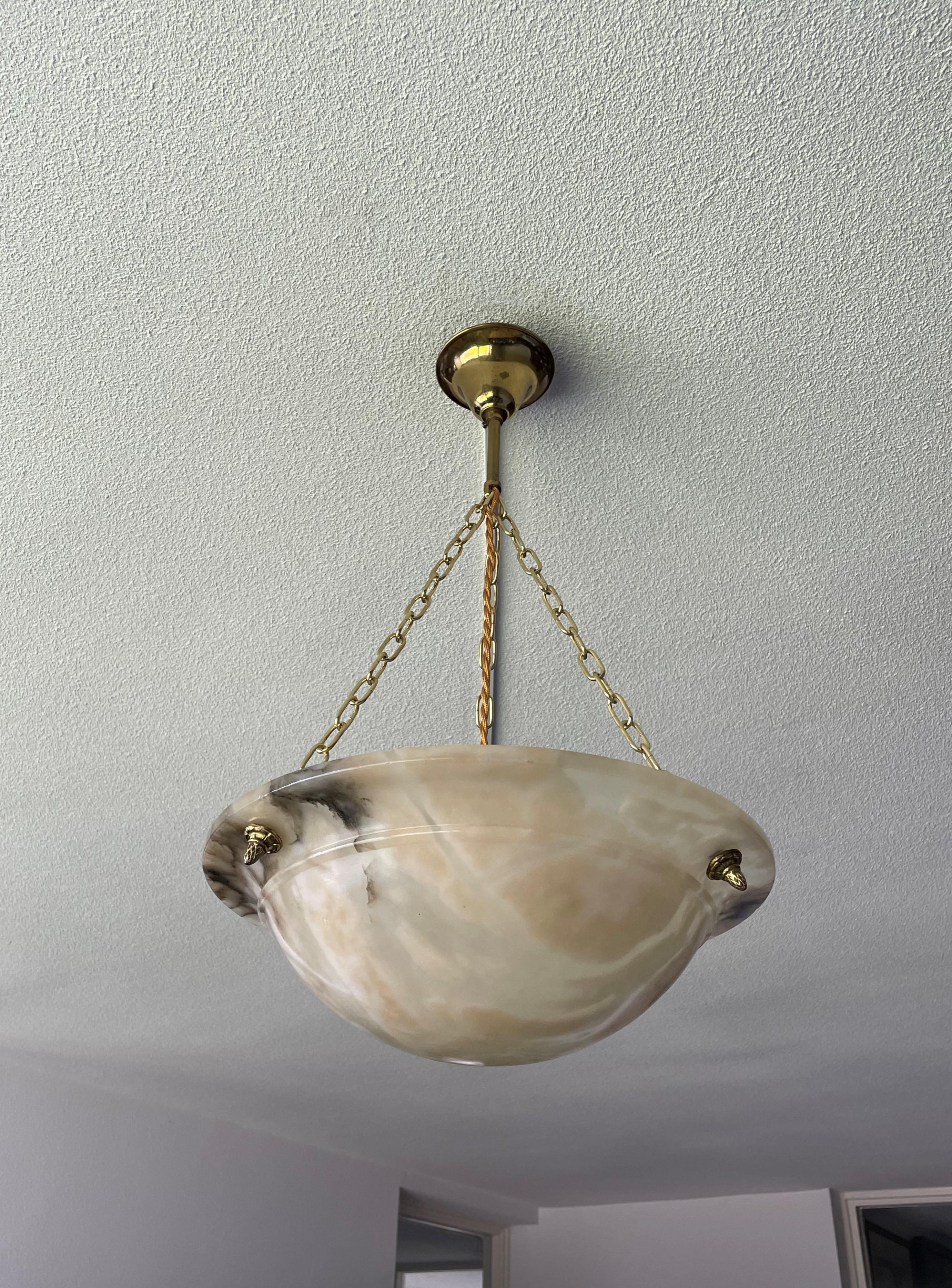 Beautiful Antique Alabaster and Brass French Art Deco Pendant Light / Chandelier 7