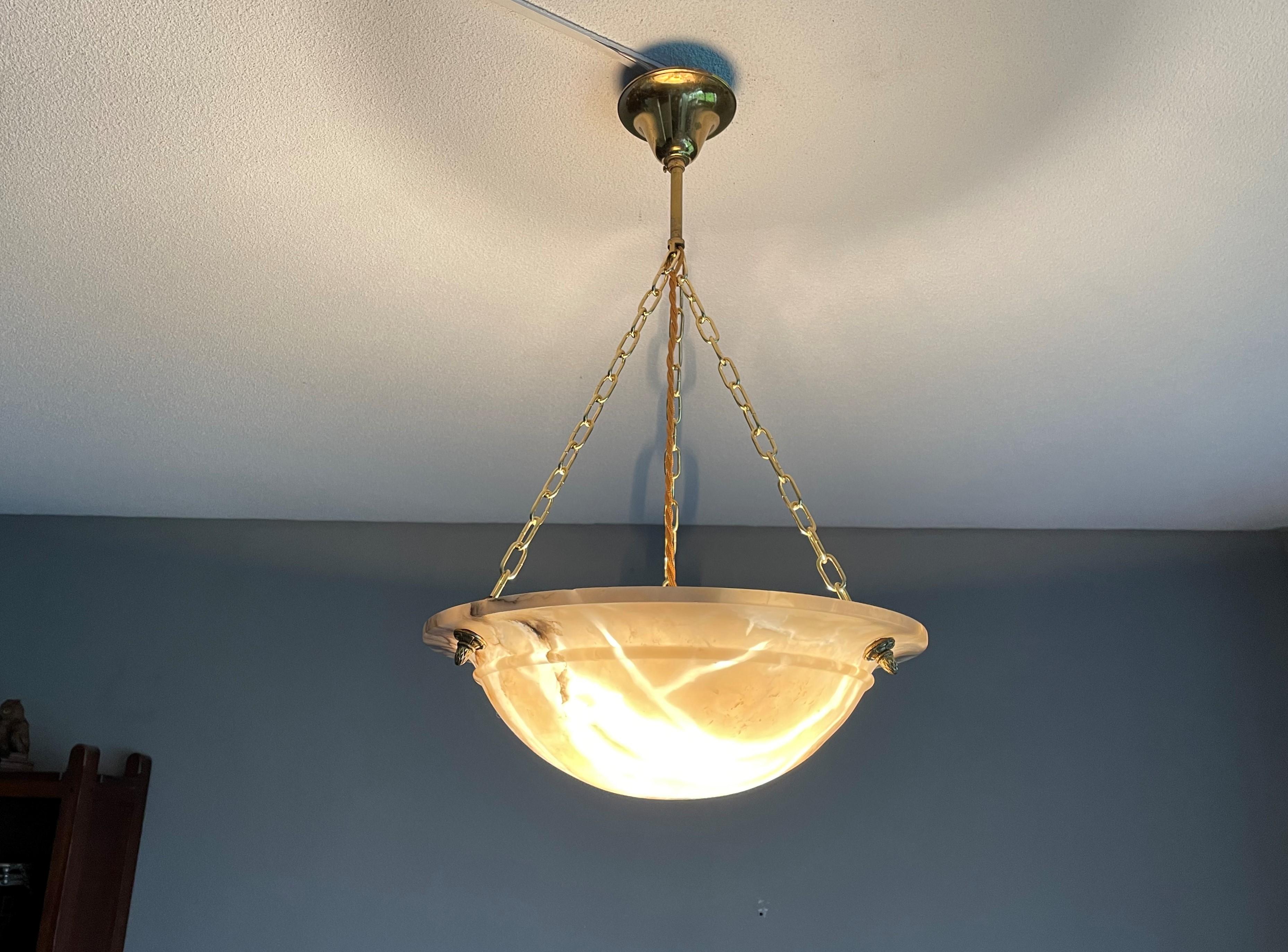 Beautiful Antique Alabaster and Brass French Art Deco Pendant Light / Chandelier 8