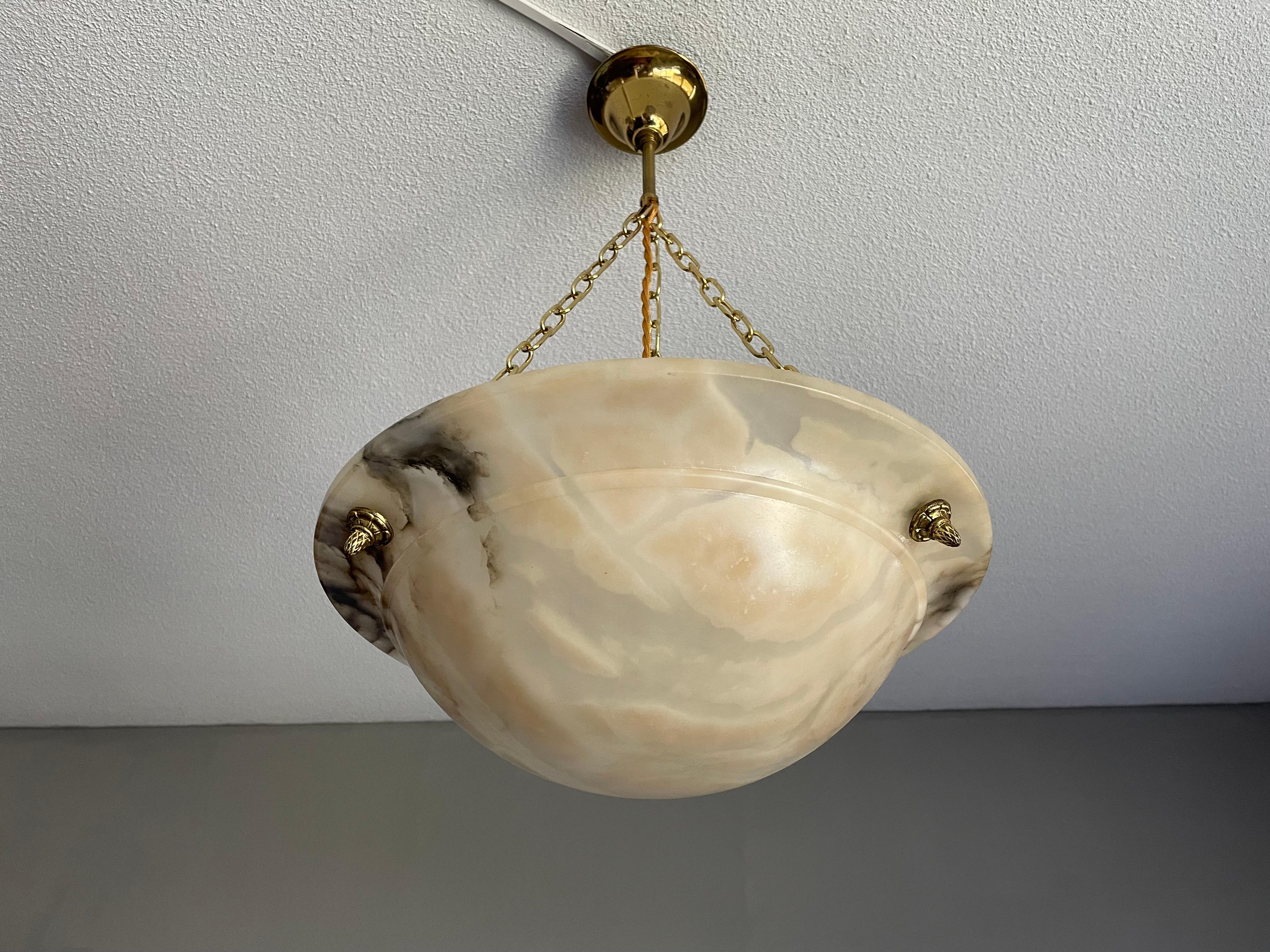Bronzed Beautiful Antique Alabaster and Brass French Art Deco Pendant Light / Chandelier