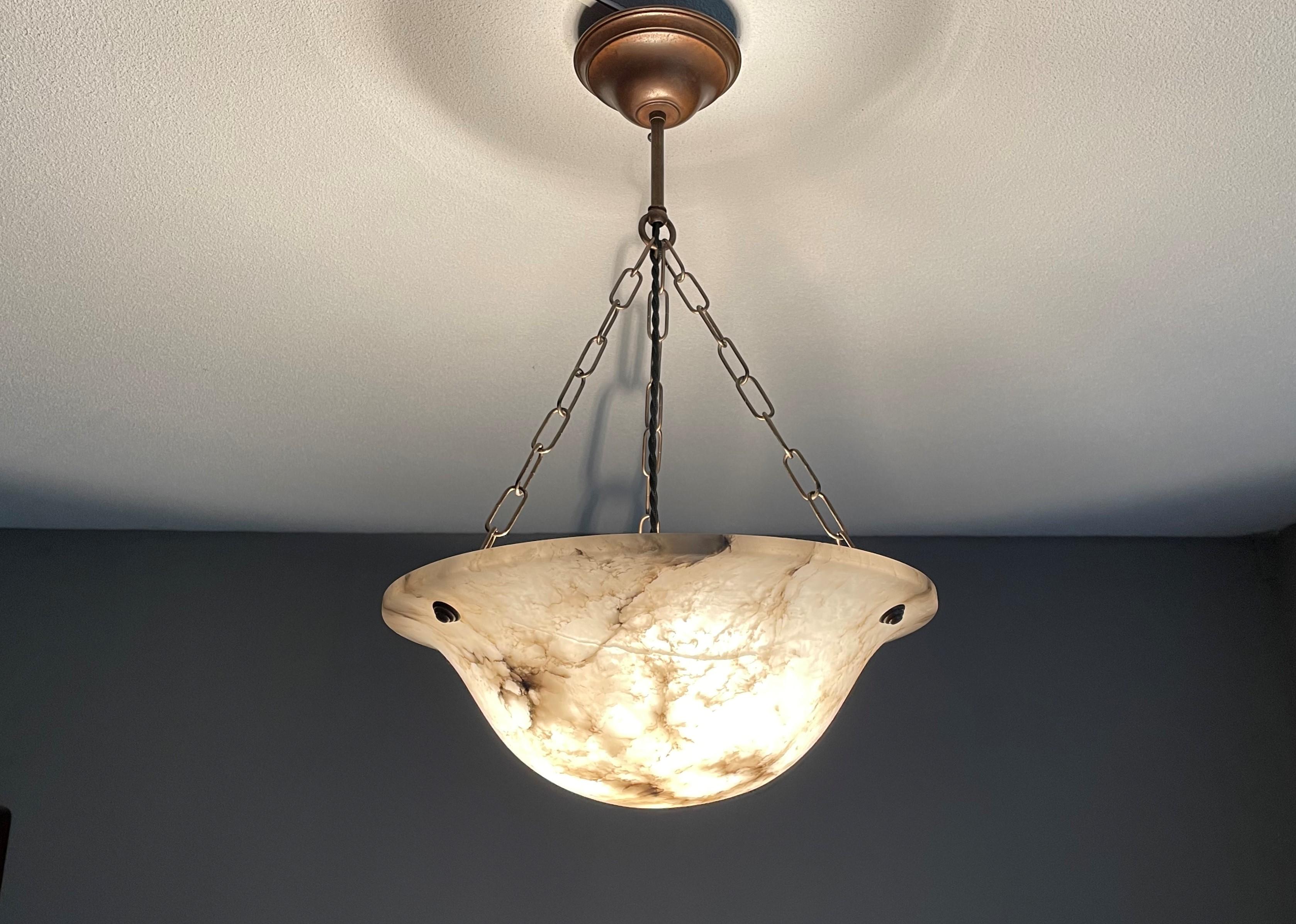 Beautiful Antique Alabaster and Brass French Art Deco Pendant Light / Chandelier 2