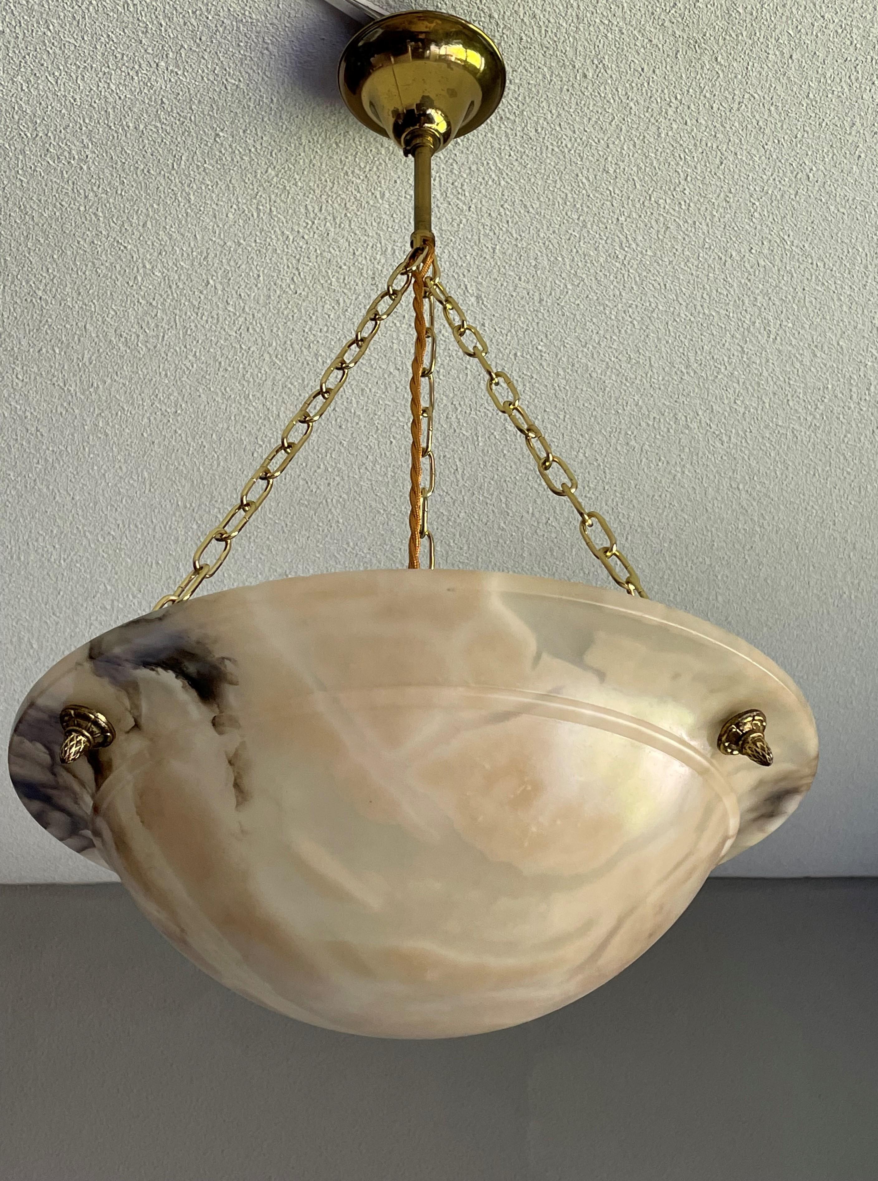 Metal Beautiful Antique Alabaster and Brass French Art Deco Pendant Light / Chandelier