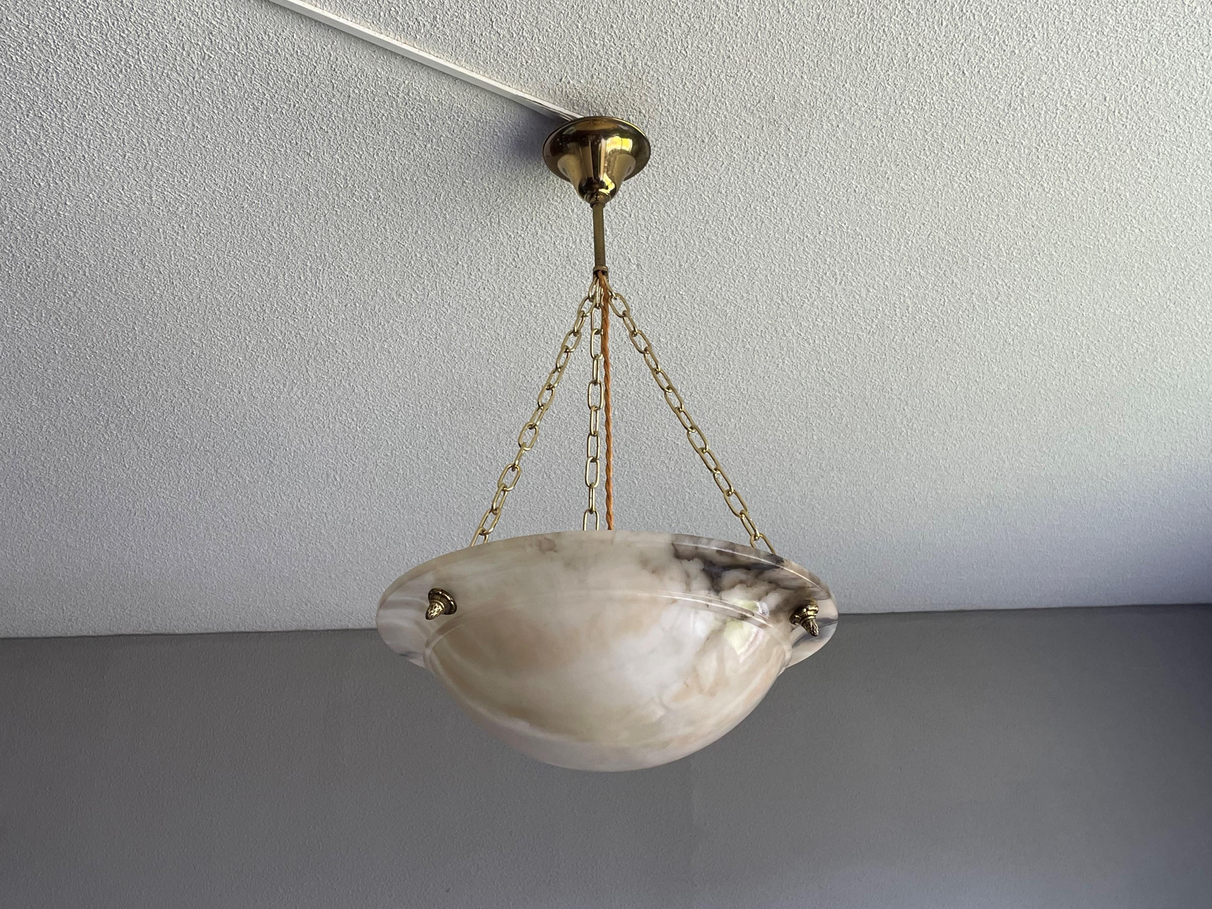 Beautiful Antique Alabaster and Brass French Art Deco Pendant Light / Chandelier 1