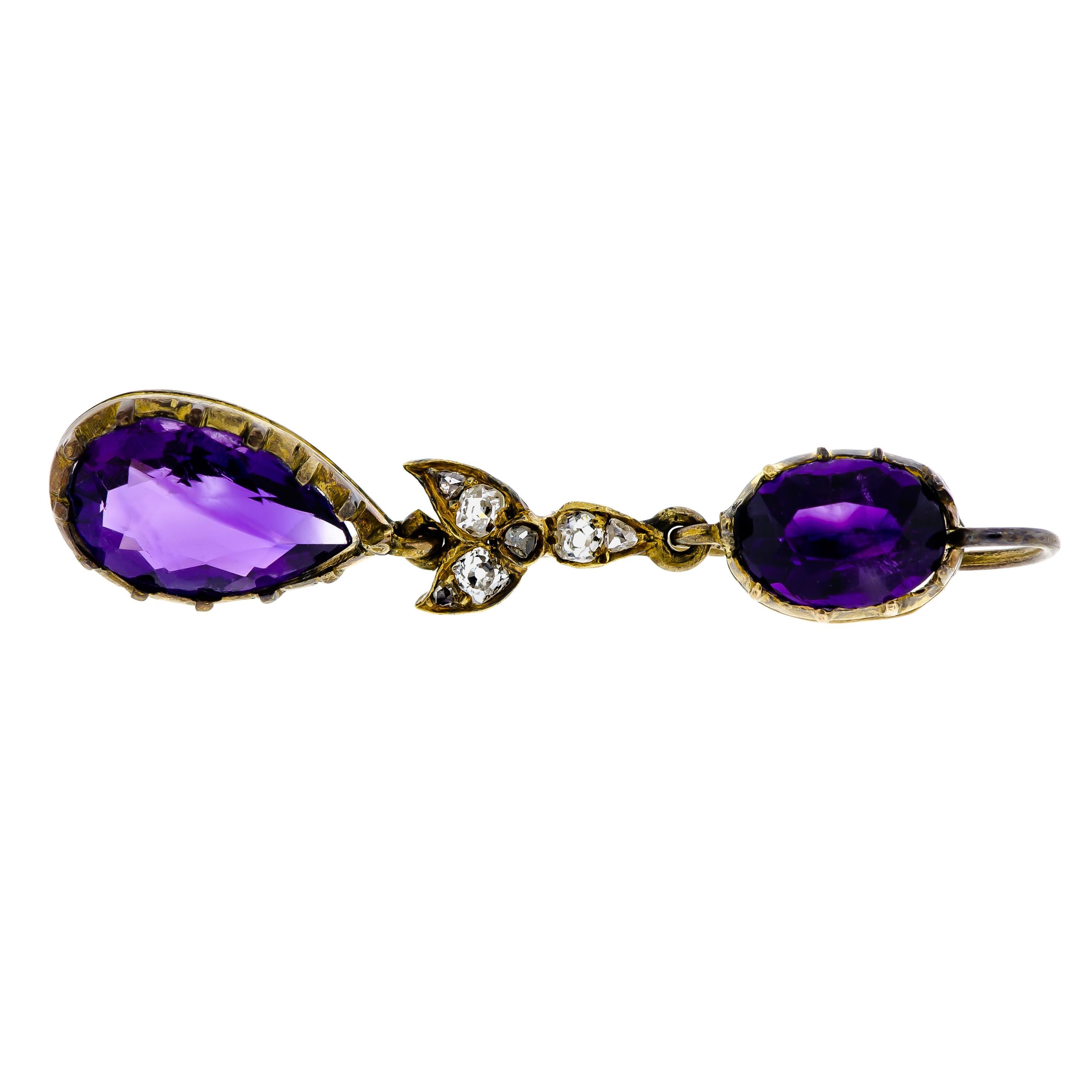 Pear Cut Beautiful Antique Amethyst and Diamond Earpendants For Sale