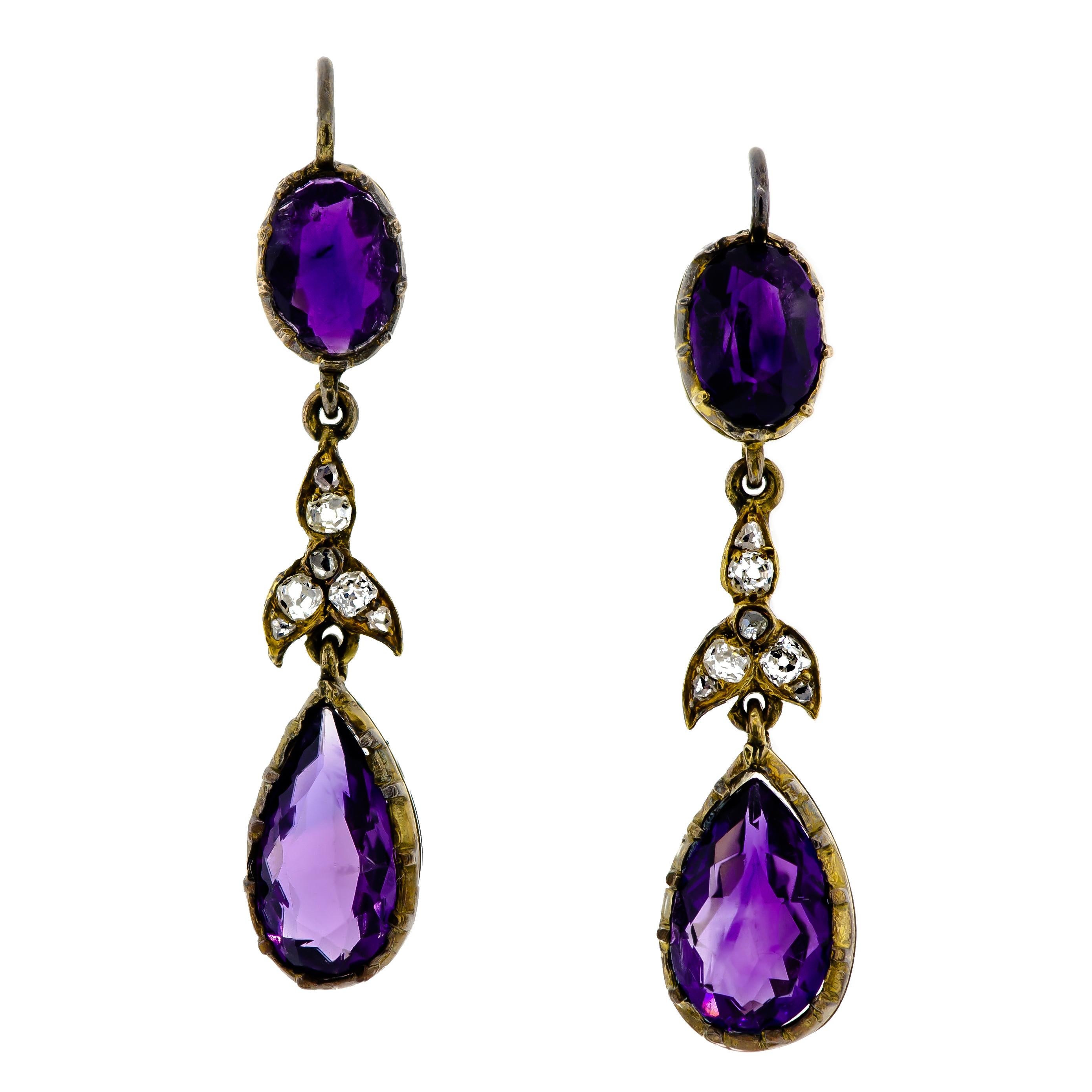 Beautiful Antique Amethyst and Diamond Earpendants For Sale