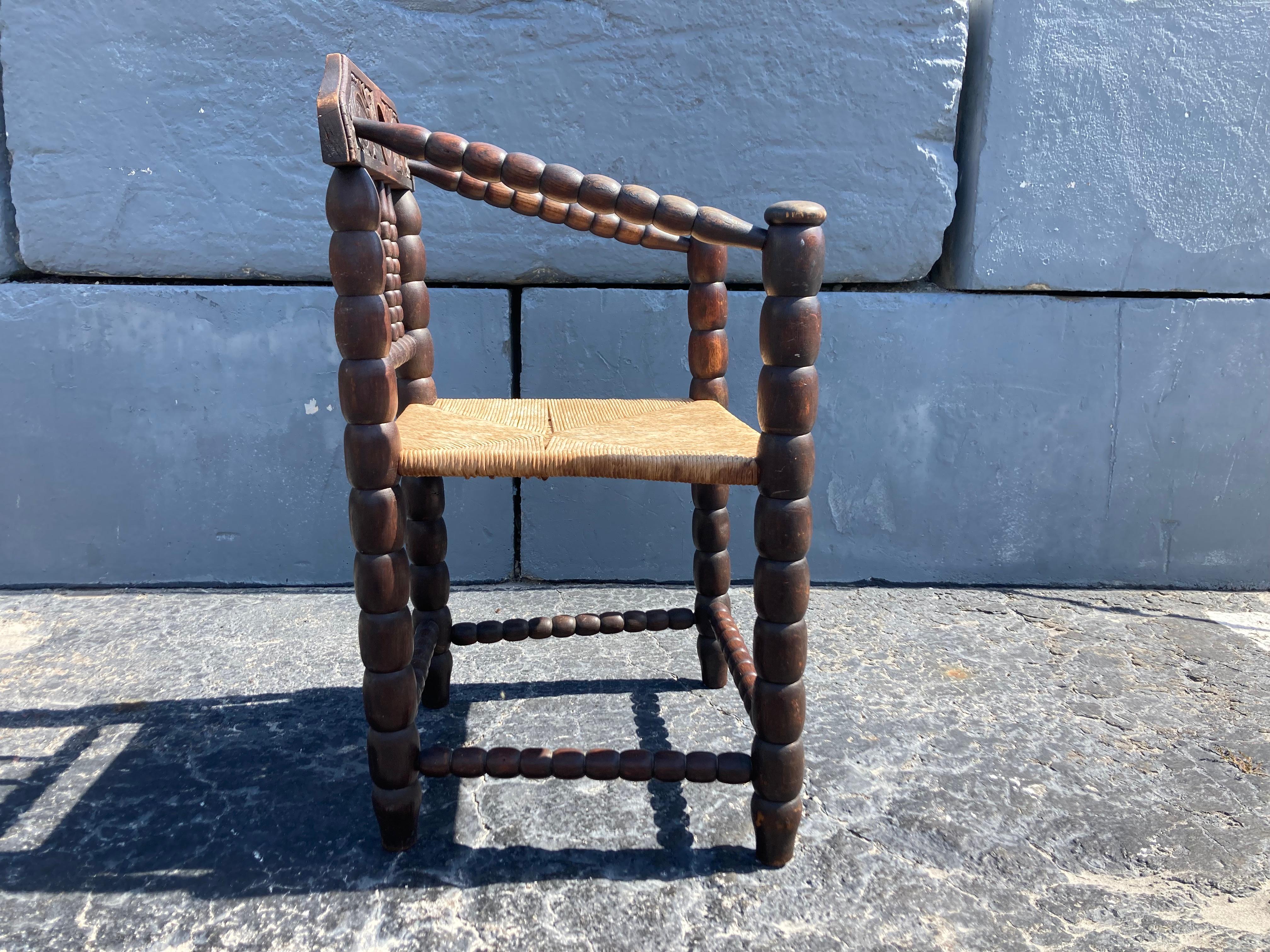 German Beautiful Antique Arm Chair, Oak and Rush For Sale