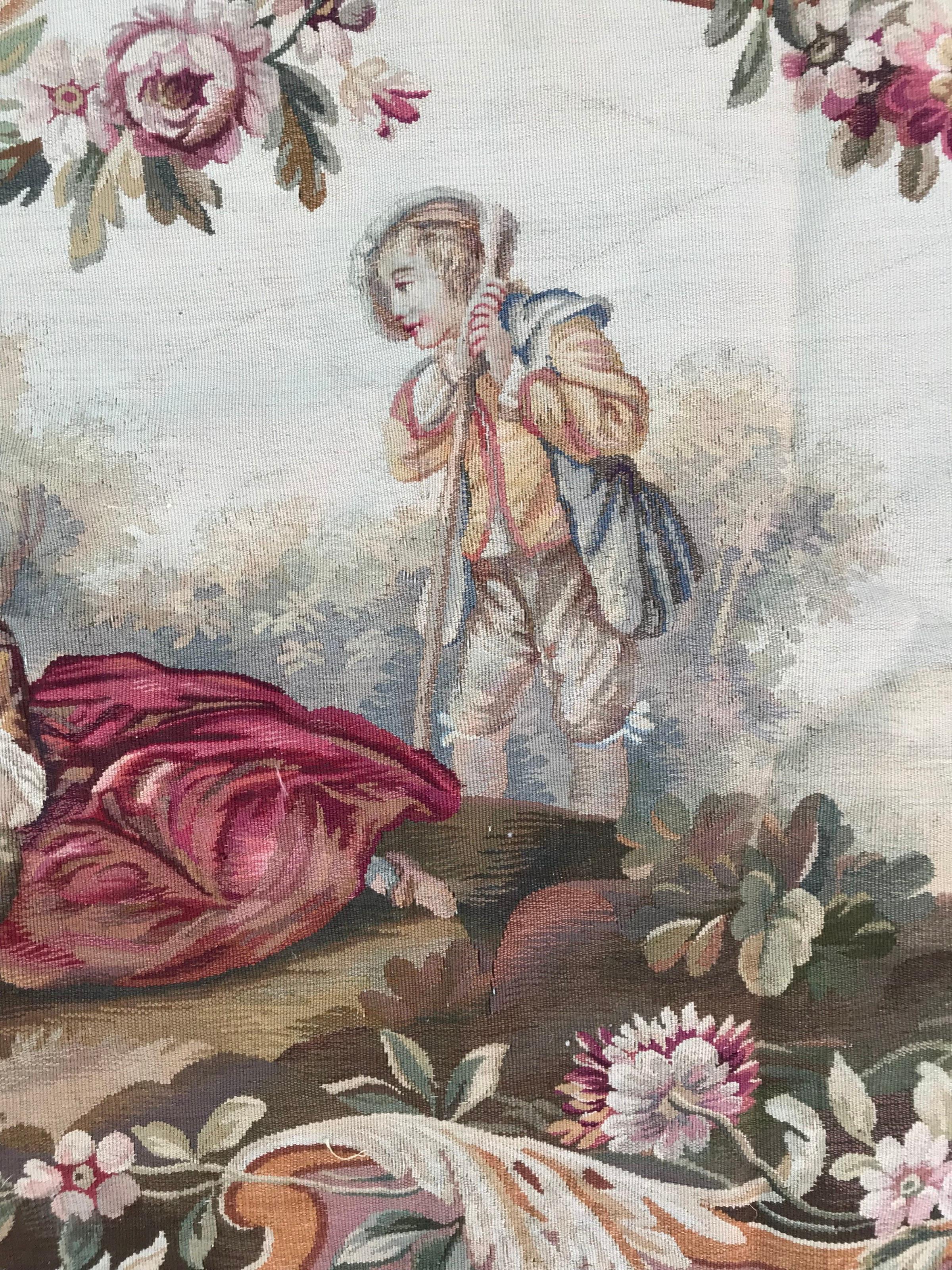 Very beautiful late 19th century Aubusson tapestry originally for back of the sofa, but can be use as a wall tapestry, entirely handwoven with wool and silk on cotton foundation.

Take a look at other Bobyrug items! , search by 