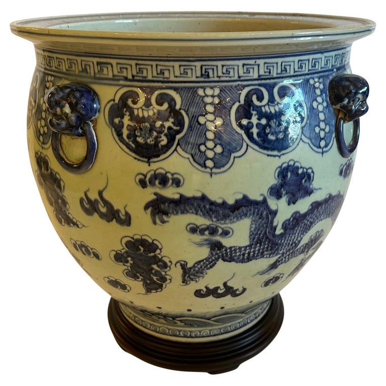 Beautiful Antique Blue and White Chinese Planter on Wooden Stand For Sale  at 1stDibs