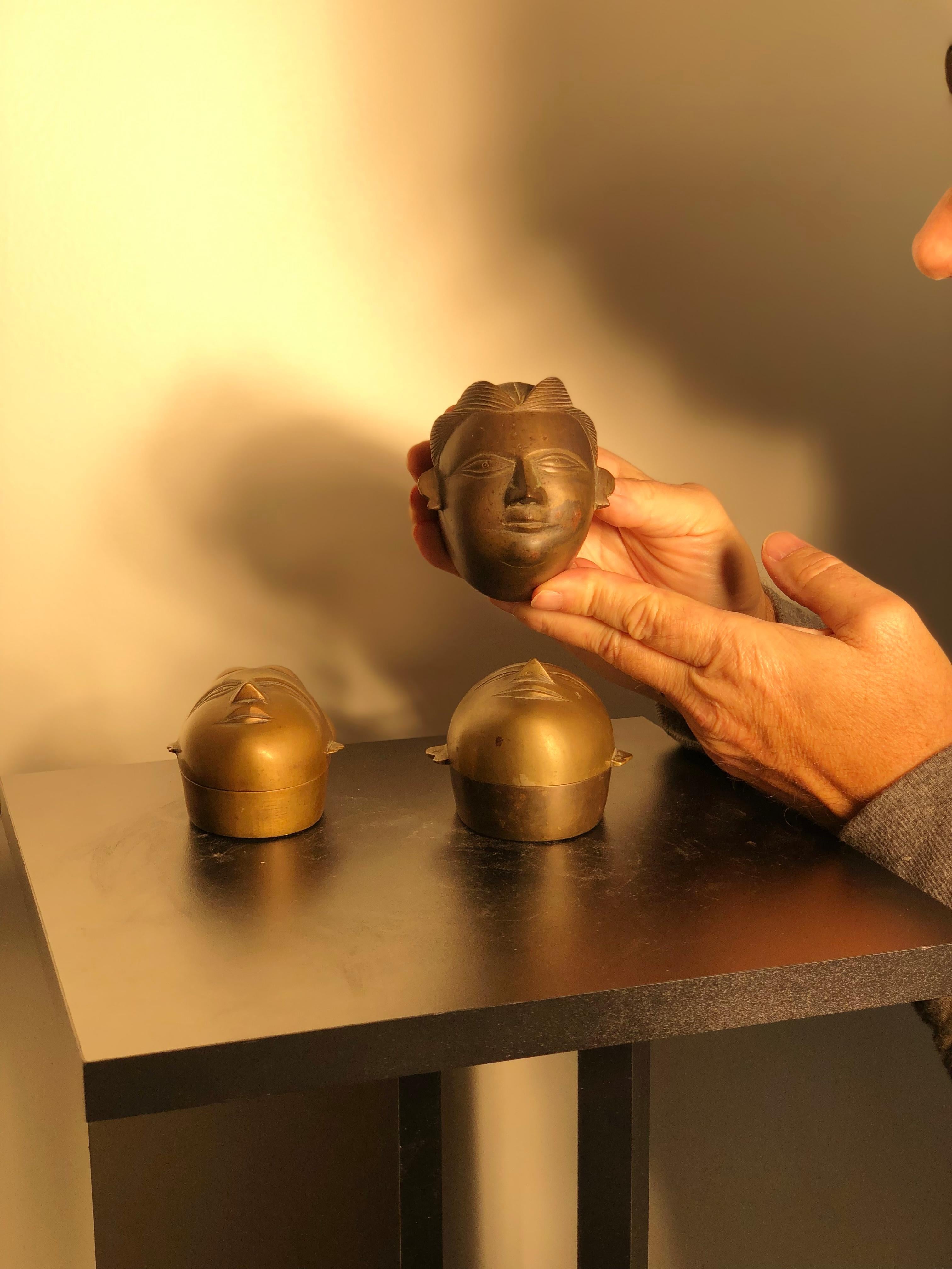 Beauty boxes, objects of Virtu

VIR-TU: Curios or objects d'art

A trio (3) of beautiful Bronze Votive Boxes in the form of female deity Gauri - the golden one- and Uma ,Northern India, late 19th to early 20th century 

Provenance: old