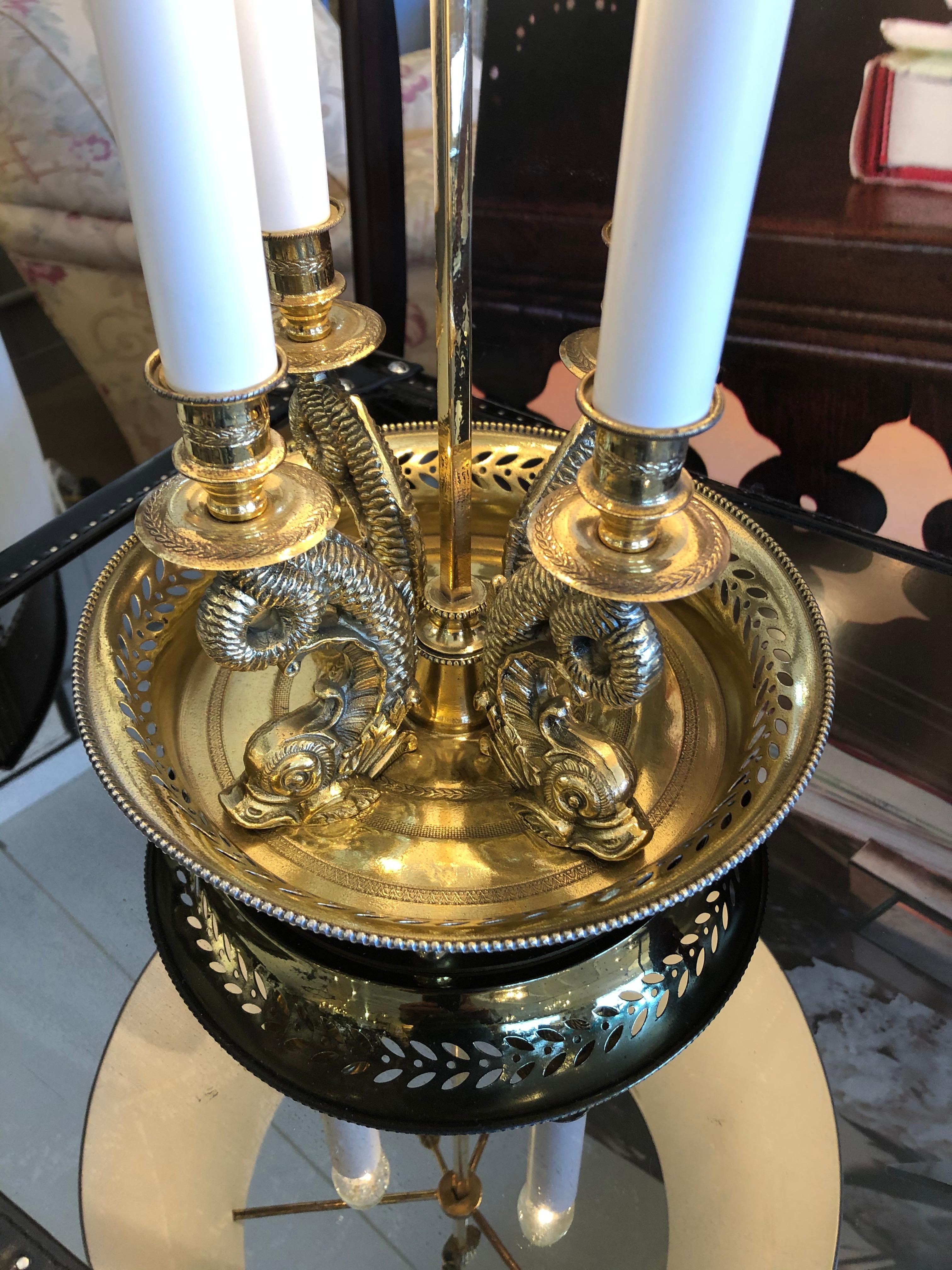 French Beautiful Antique Cast Brass Bouillotte Lamp with Tole Shade For Sale