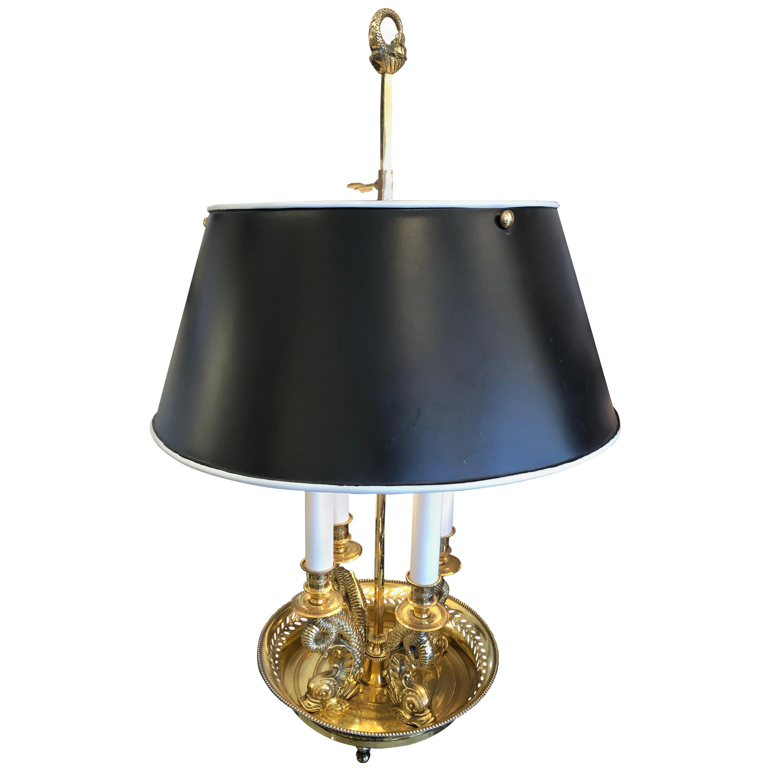 Beautiful Antique Cast Brass Bouillotte Lamp with Tole Shade For Sale