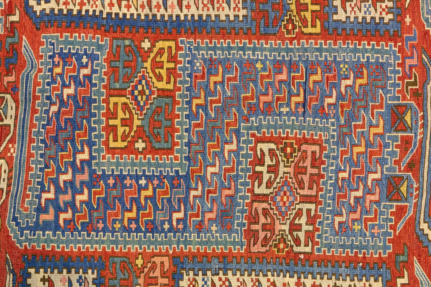 Hand-Knotted Beautiful Antique Caucasian Multicolor Wool Sumak Sileh Kilim Carpet, 1880-1900 For Sale