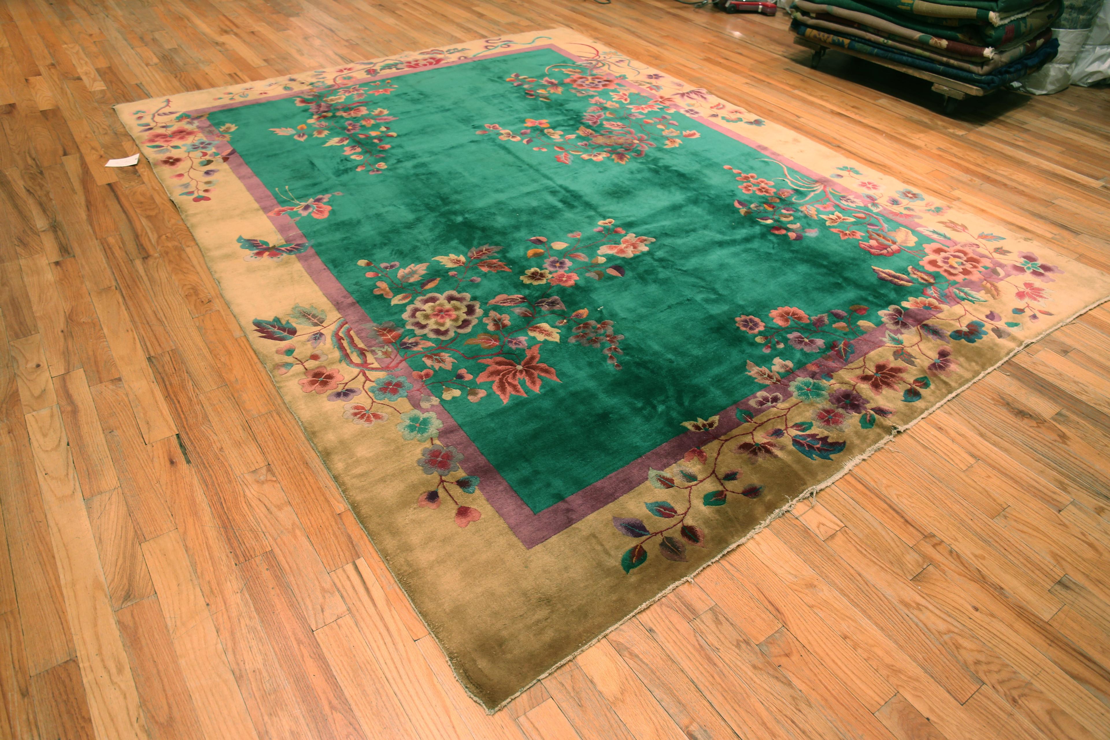 Chinois Magnifique tapis Art Déco chinois ancien à motifs floraux 9' x 11'6