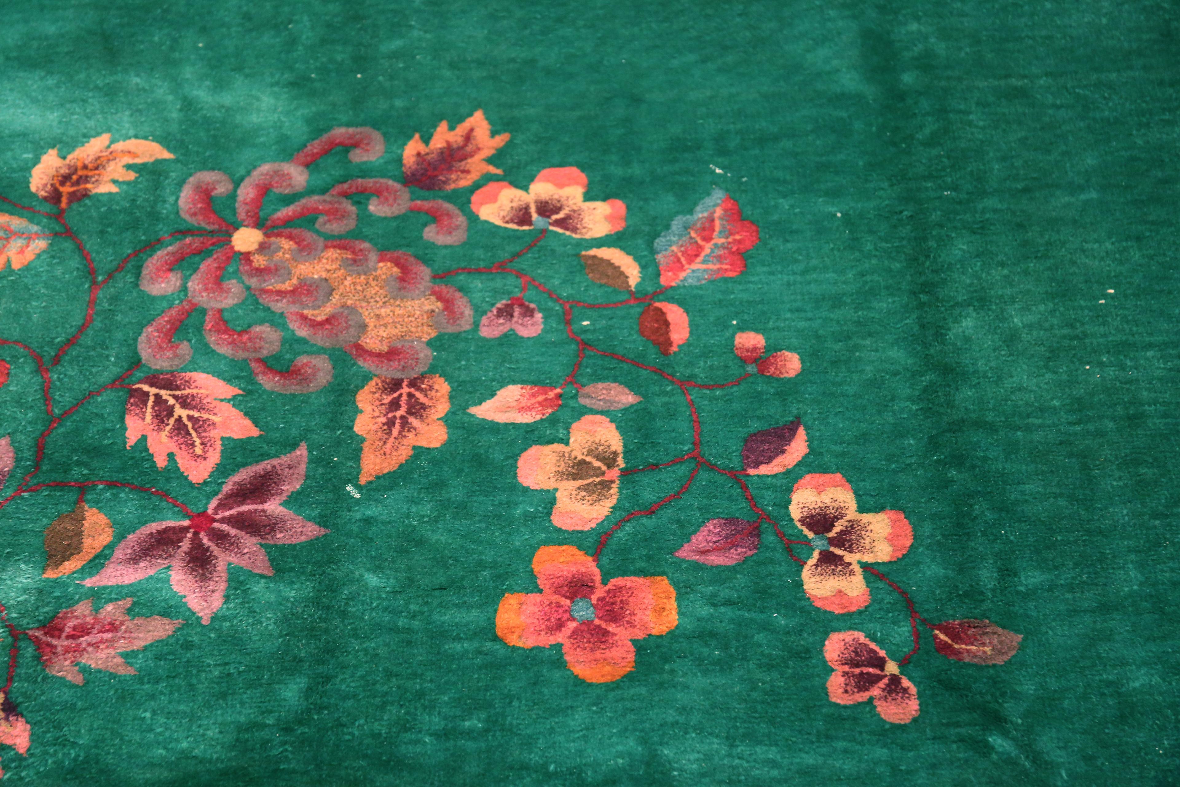 Laine Magnifique tapis Art Déco chinois ancien à motifs floraux 9' x 11'6