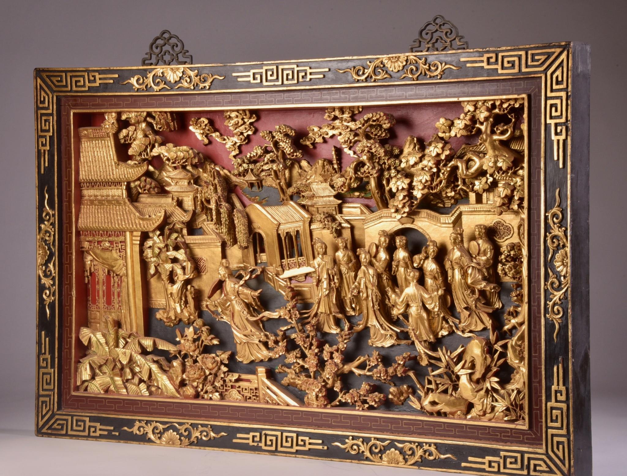 Asian Beautiful antique Chinese Gold Gilt Hand Carved Wooden Wall Panel