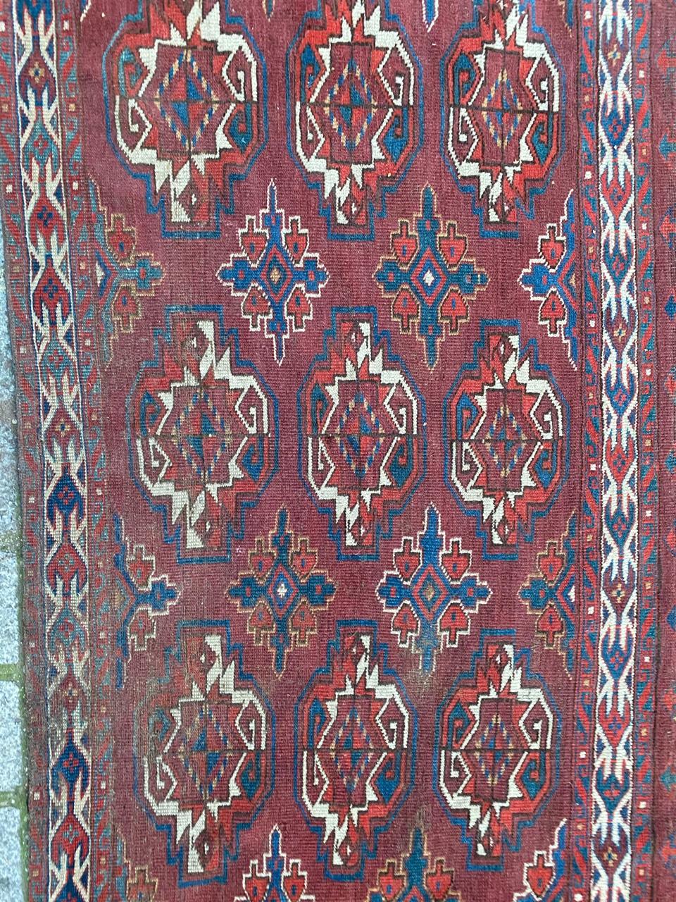 Nice 19th century horse cover Turkmen rug with a beautiful Bokhara design and natural colors with red, purple, orange and blue, entirely hand knotted with wool velvet on wool foundation.

✨✨✨
