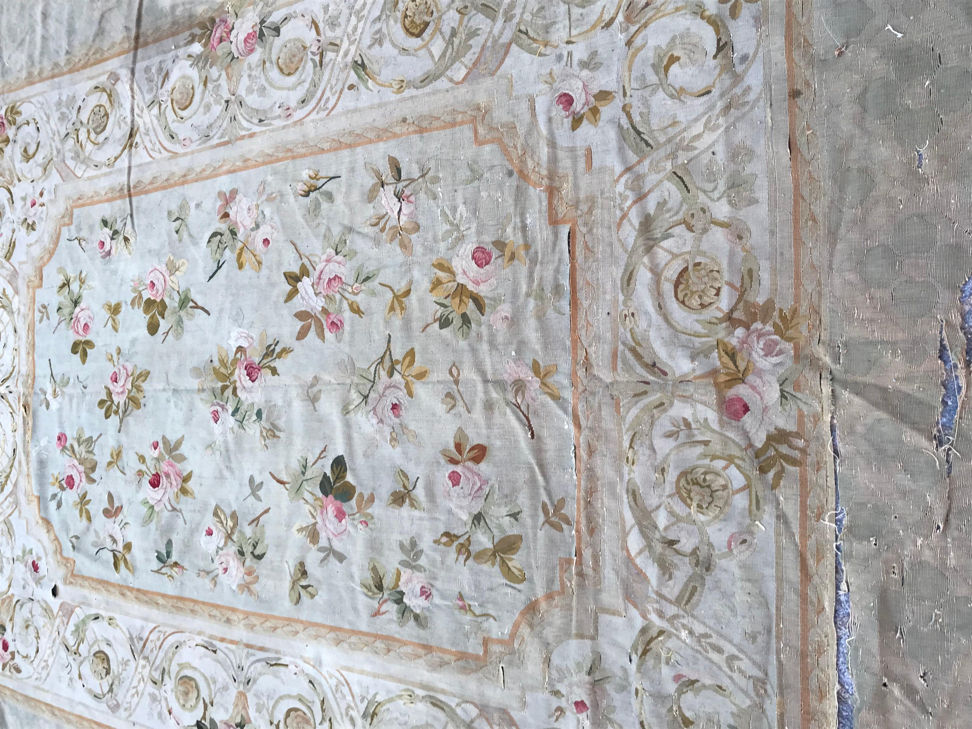 Beautiful Antique Damaged French Aubusson Rug 5