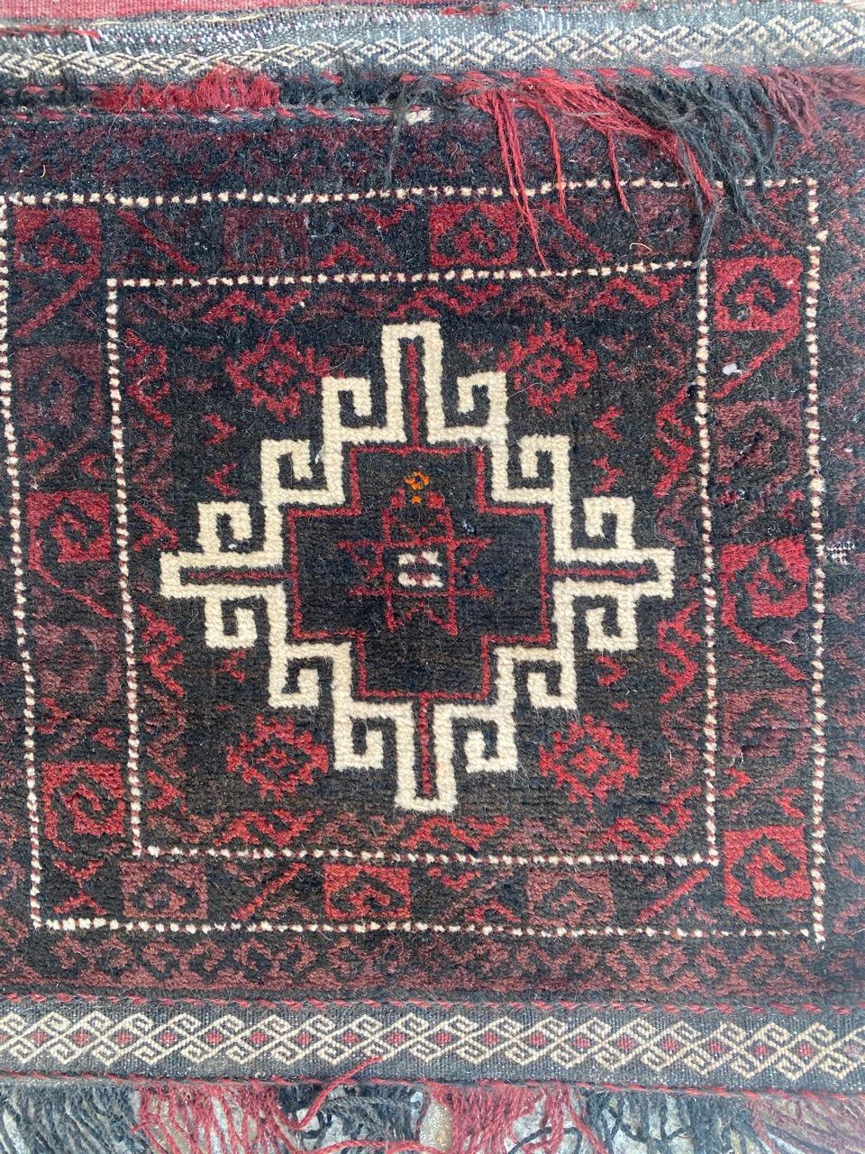 Very beautiful mid century Turkmen composite bag faces rugs with a backside of a woven Kilim with nice geometrical tribal design and nice colors, entirely hand knotted and hand woven with wool on wool foundation.