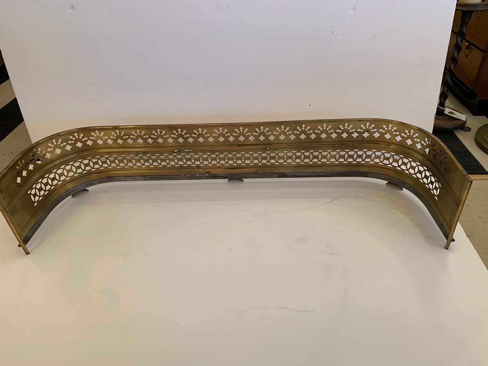 19th Century Beautiful Antique English Pierced Brass Fireplace Fender For Sale