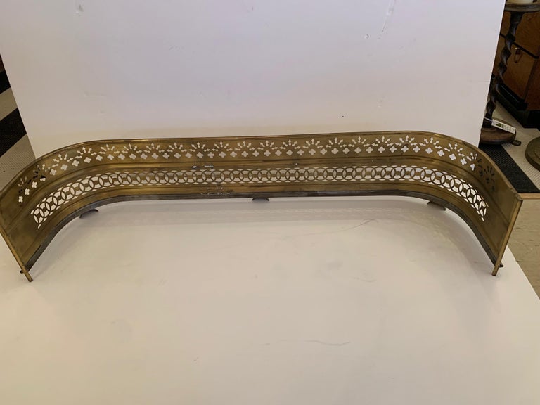 Beautiful Antique English Pierced Brass Fireplace Fender For Sale at