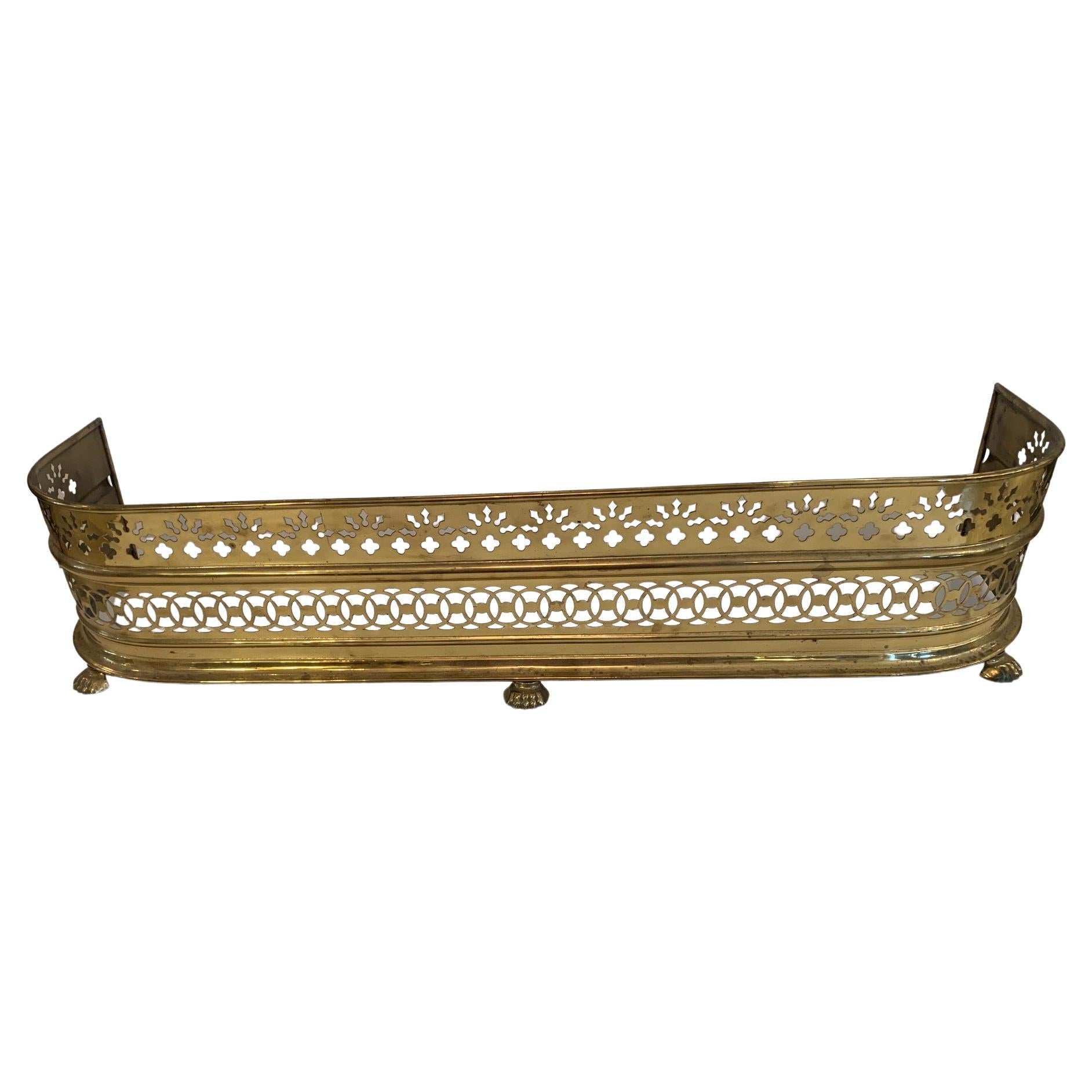 Beautiful Antique English Pierced Brass Fireplace Fender For Sale
