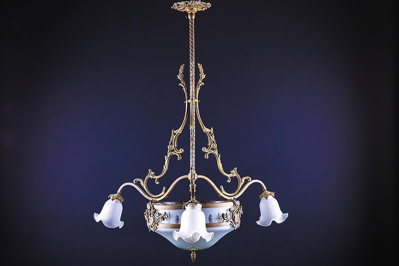 British Beautiful Antique Etched Frosted Glass & Brass Chandelier For Sale