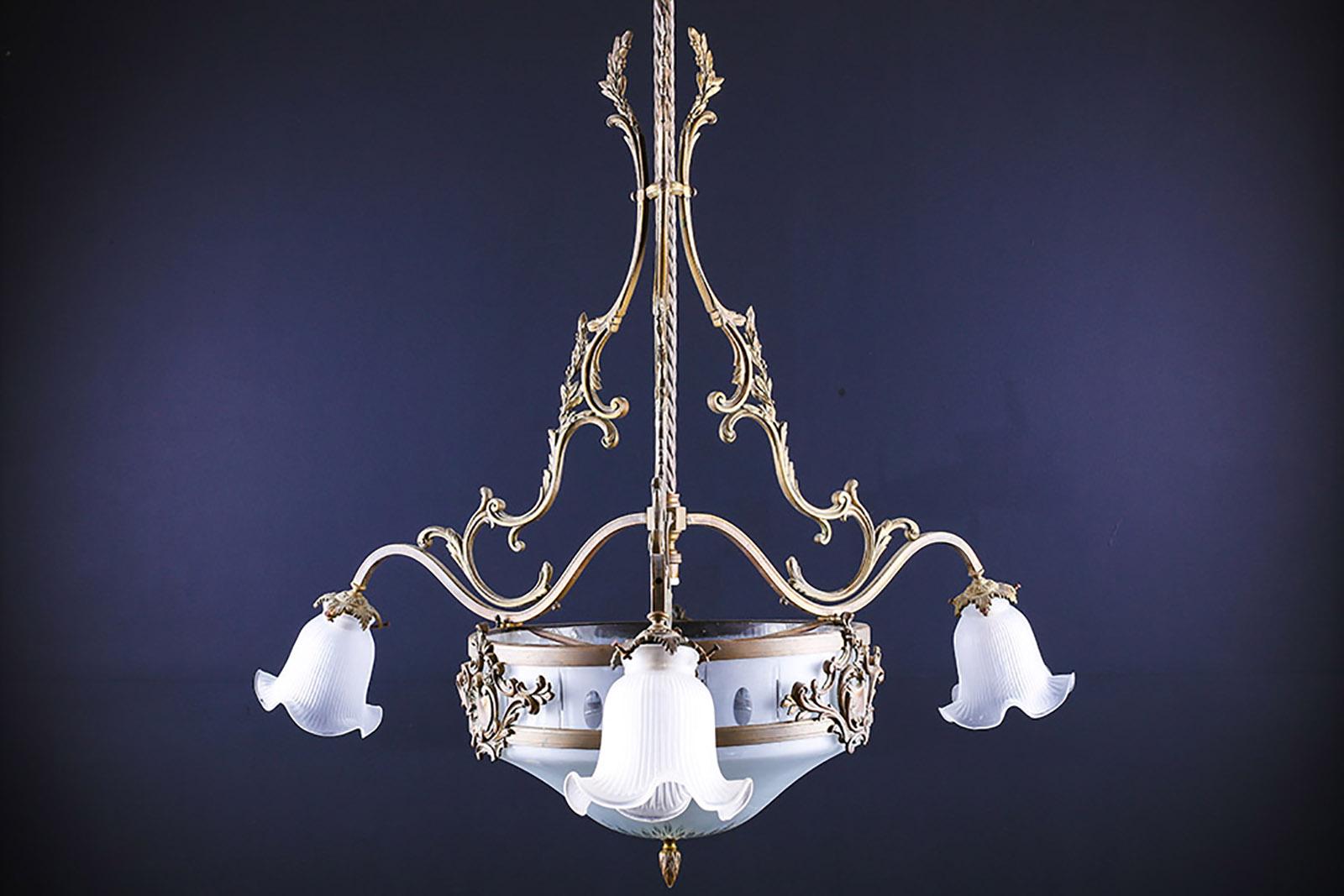 Beautiful Antique Etched Frosted Glass & Brass Chandelier For Sale 1