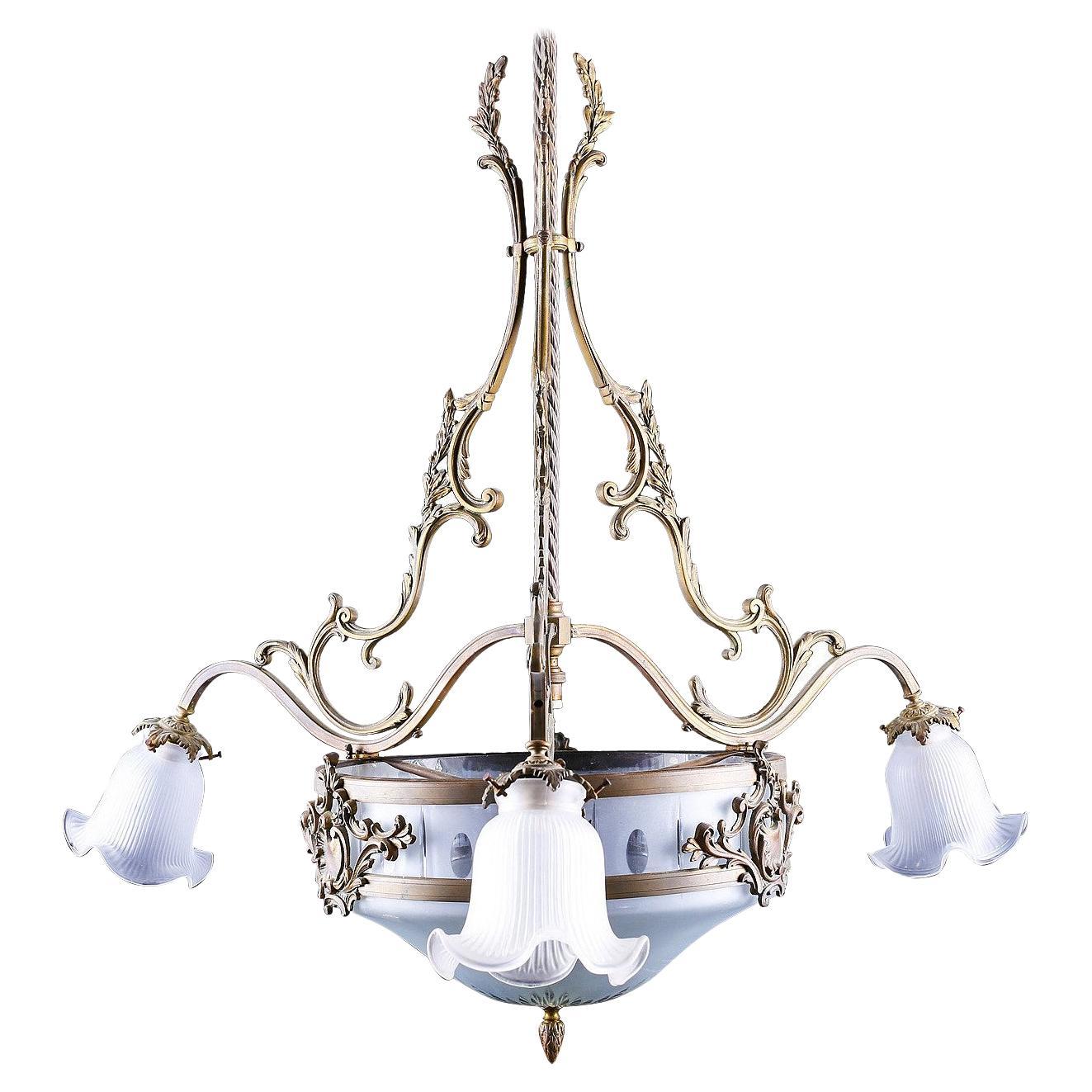 Beautiful Antique Etched Frosted Glass & Brass Chandelier For Sale