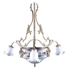Beautiful Antique Etched Frosted Glass & Brass Chandelier