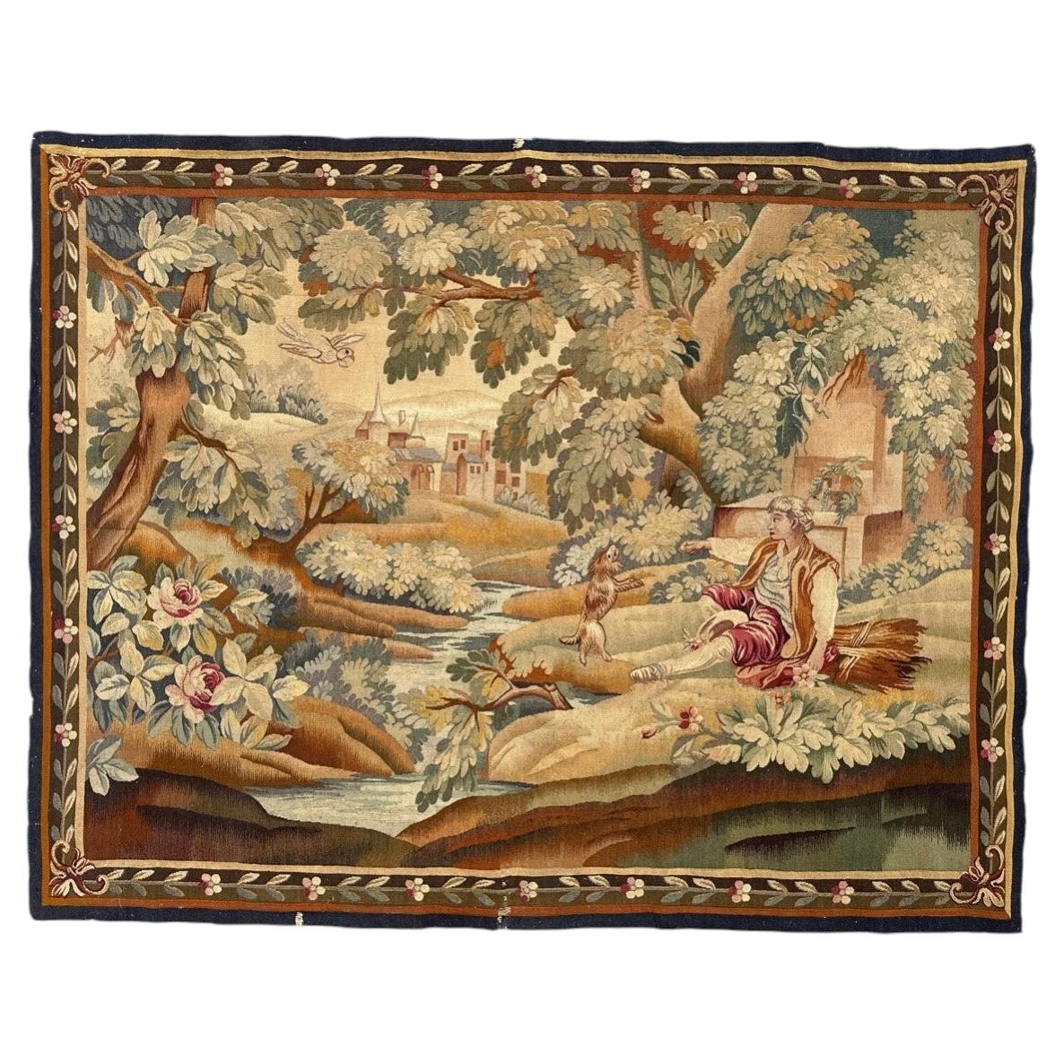 Beautiful antique fine french handwoven Aubusson tapestry « The man with dog »