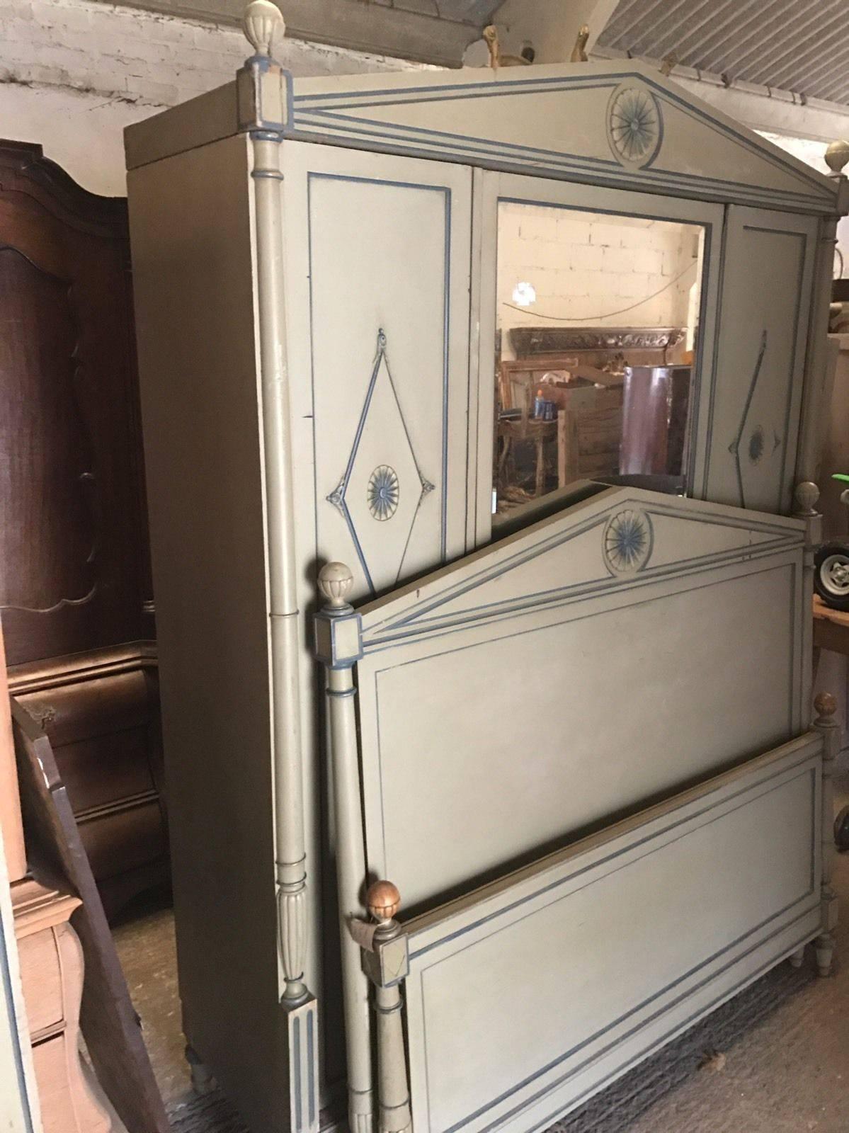 Beautiful Antique French 3-Door Armoire and Double Bed, Napoleon, Original Paint For Sale 3