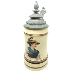 Beautiful Antique Germany Lidded Beer Stein Bavarian Female, 1900s