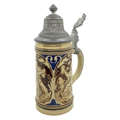 Beautiful Antique Germany Lidded Beer Stein glazed Ceramic, 1900s