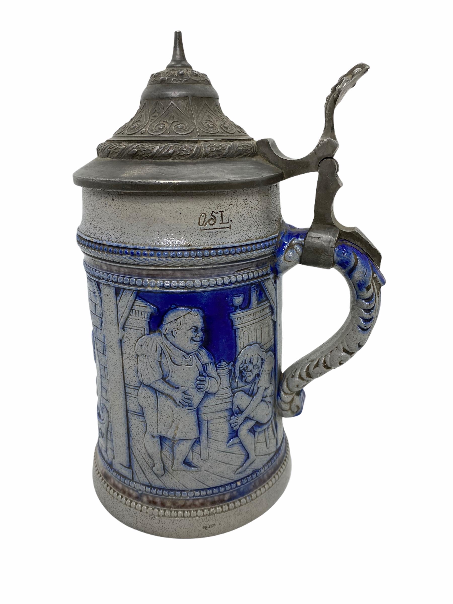 A gorgeous beer stein, made in the Westerwald Area in Germany. This beer stein has been made in Germany, circa 1900s. Absolutely gorgeous piece still in great condition, without damage. Lid works properly, but is a little shaky. It is a 1/2 Liter