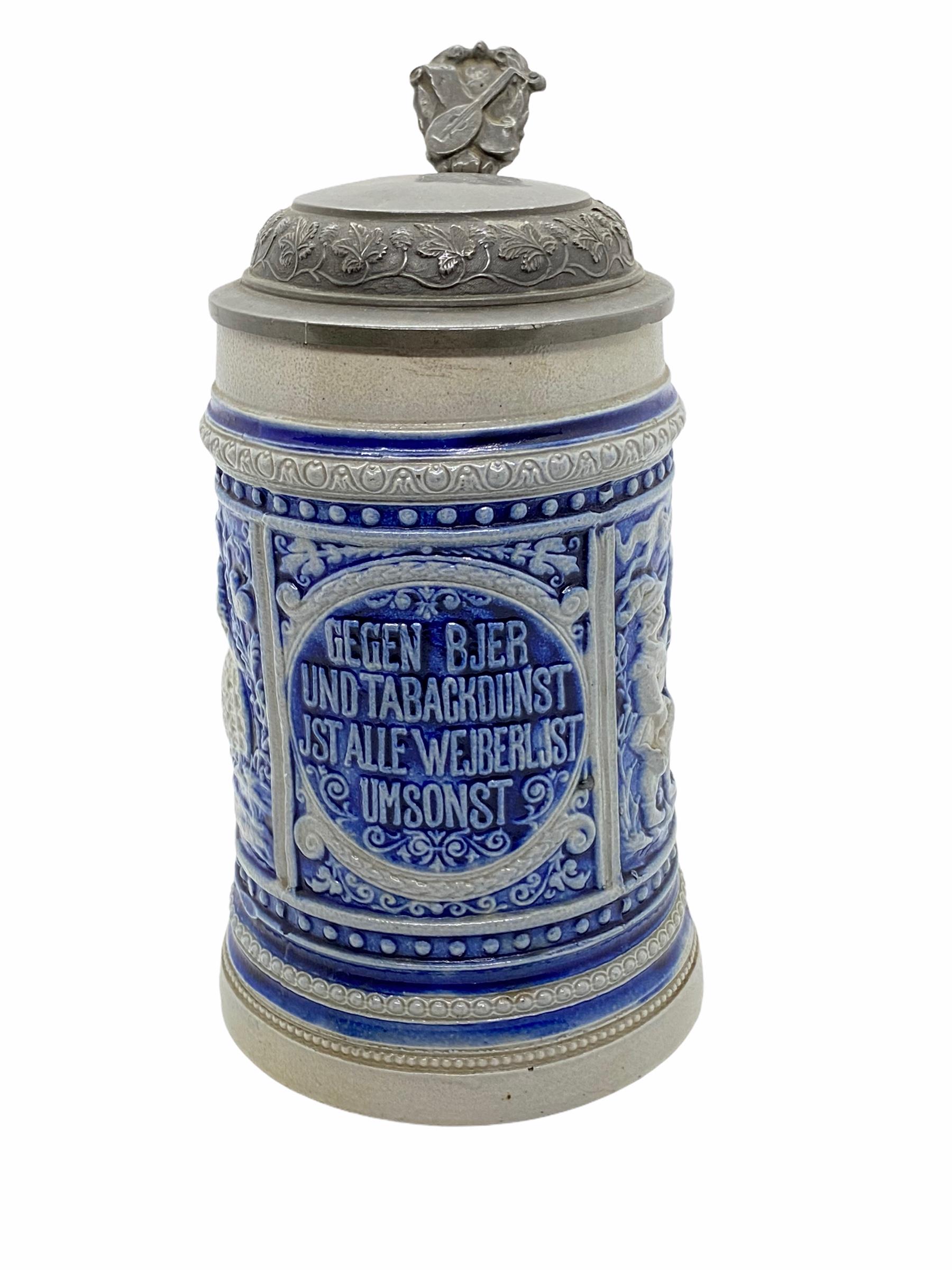 A gorgeous beer stein, made in the Westerwald Area in Germany. This beer stein has been made in Germany, circa 1900s. Absolutely gorgeous piece still in great condition, without damage. Lid works properly. It is a 1/2 Liter Stein.