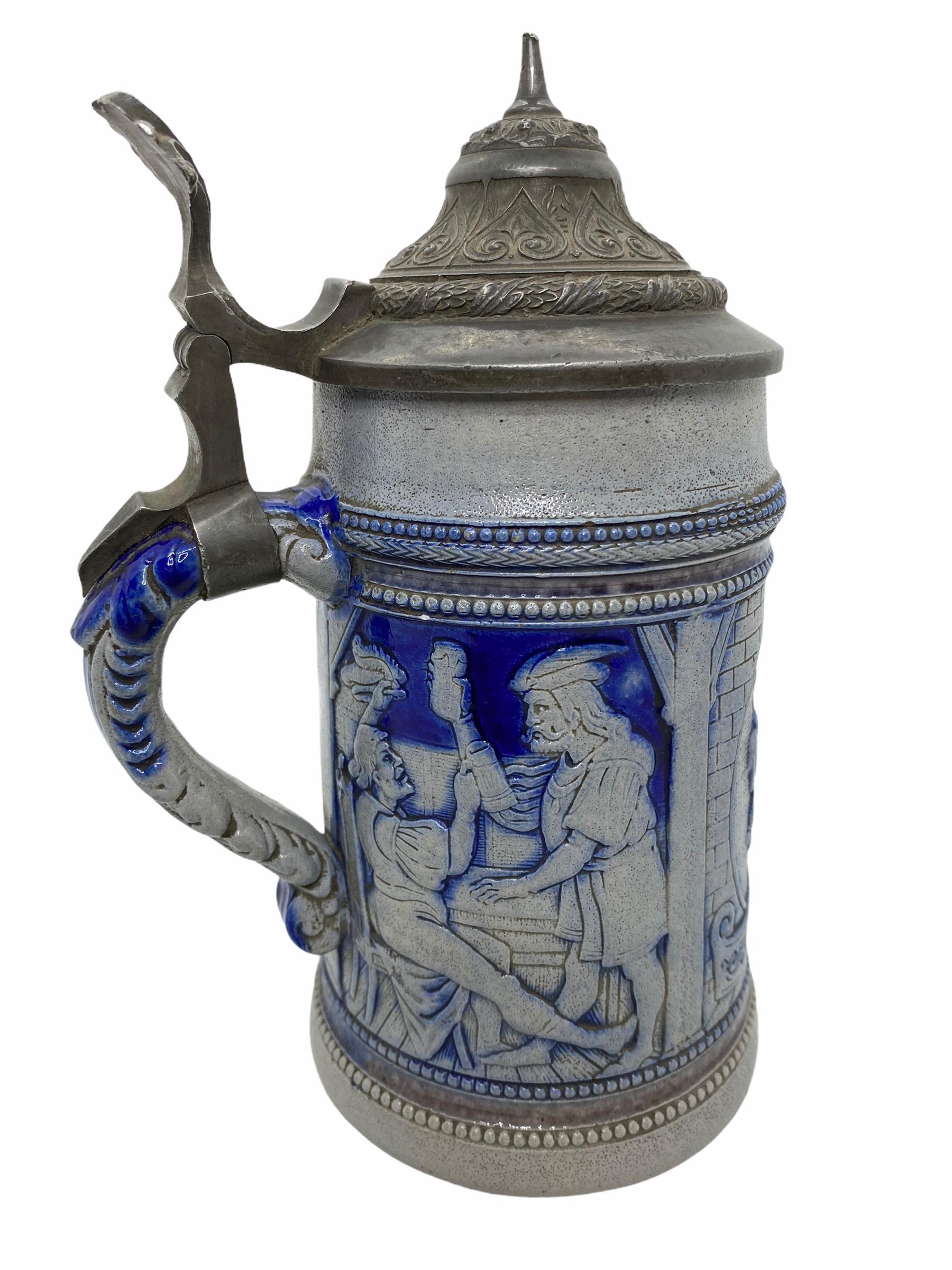 Folk Art Beautiful Antique Germany Lidded Beer Stein Westerwald Salt Glazed, 1900s