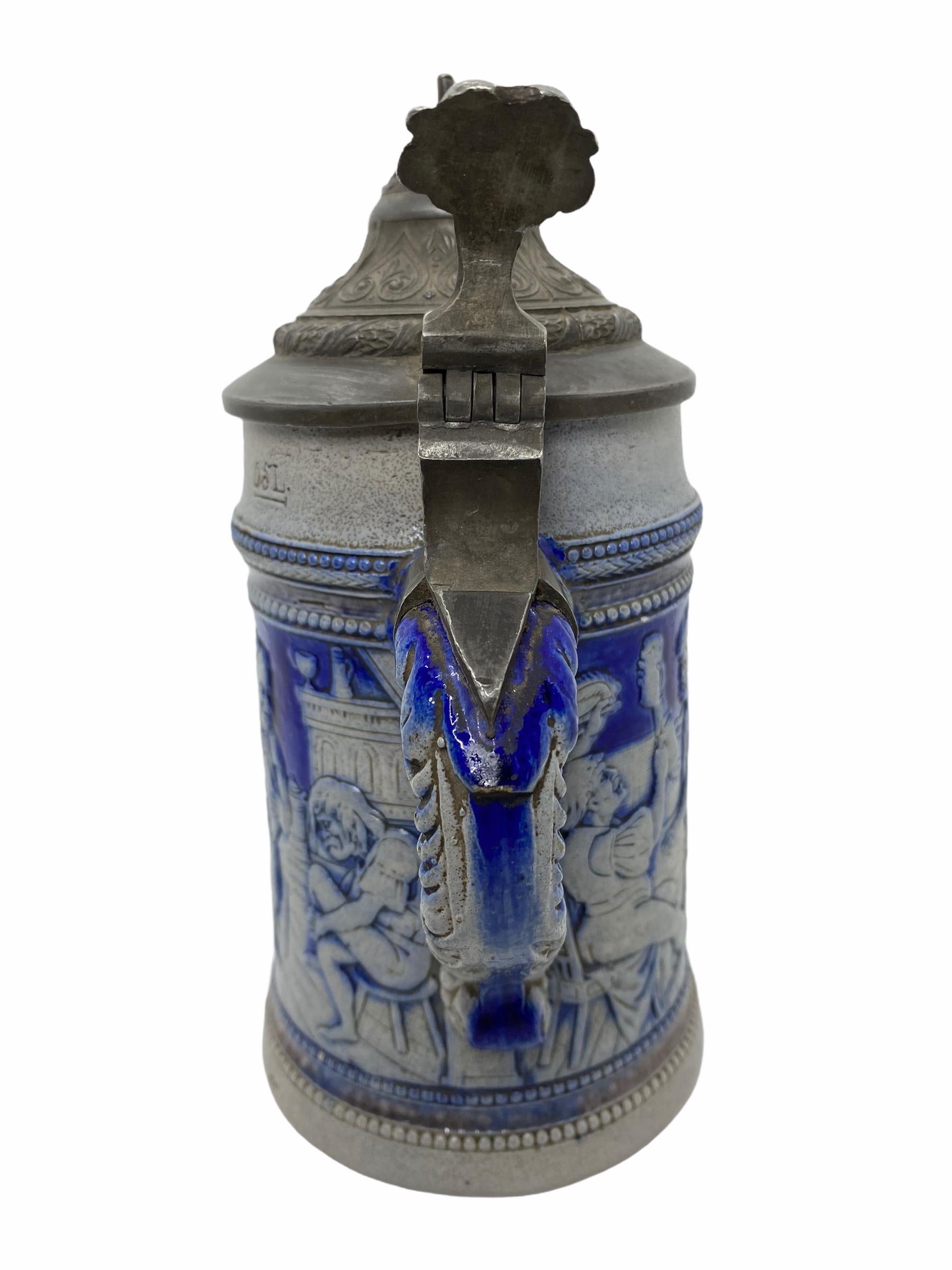 Hand-Crafted Beautiful Antique Germany Lidded Beer Stein Westerwald Salt Glazed, 1900s