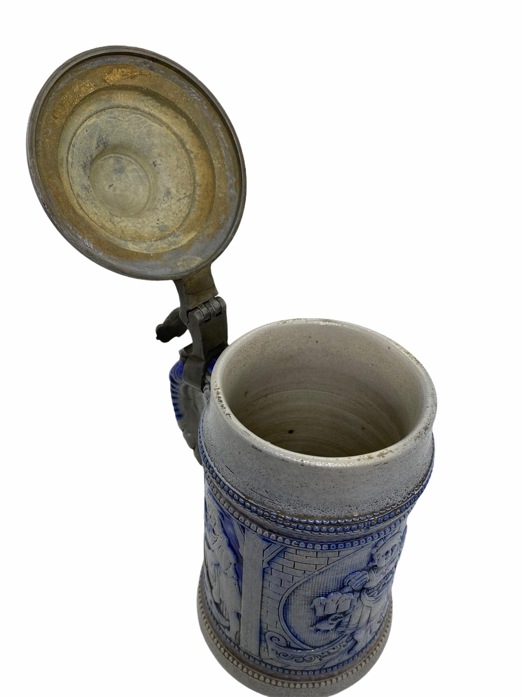 Beautiful Antique Germany Lidded Beer Stein Westerwald Salt Glazed, 1900s In Good Condition In Nuernberg, DE