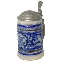 Beautiful Antique Germany Lidded Beer Stein Westerwald Salt Glazed, 1900s