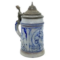 Beautiful Antique Germany Lidded Beer Stein Westerwald Salt Glazed, 1900s