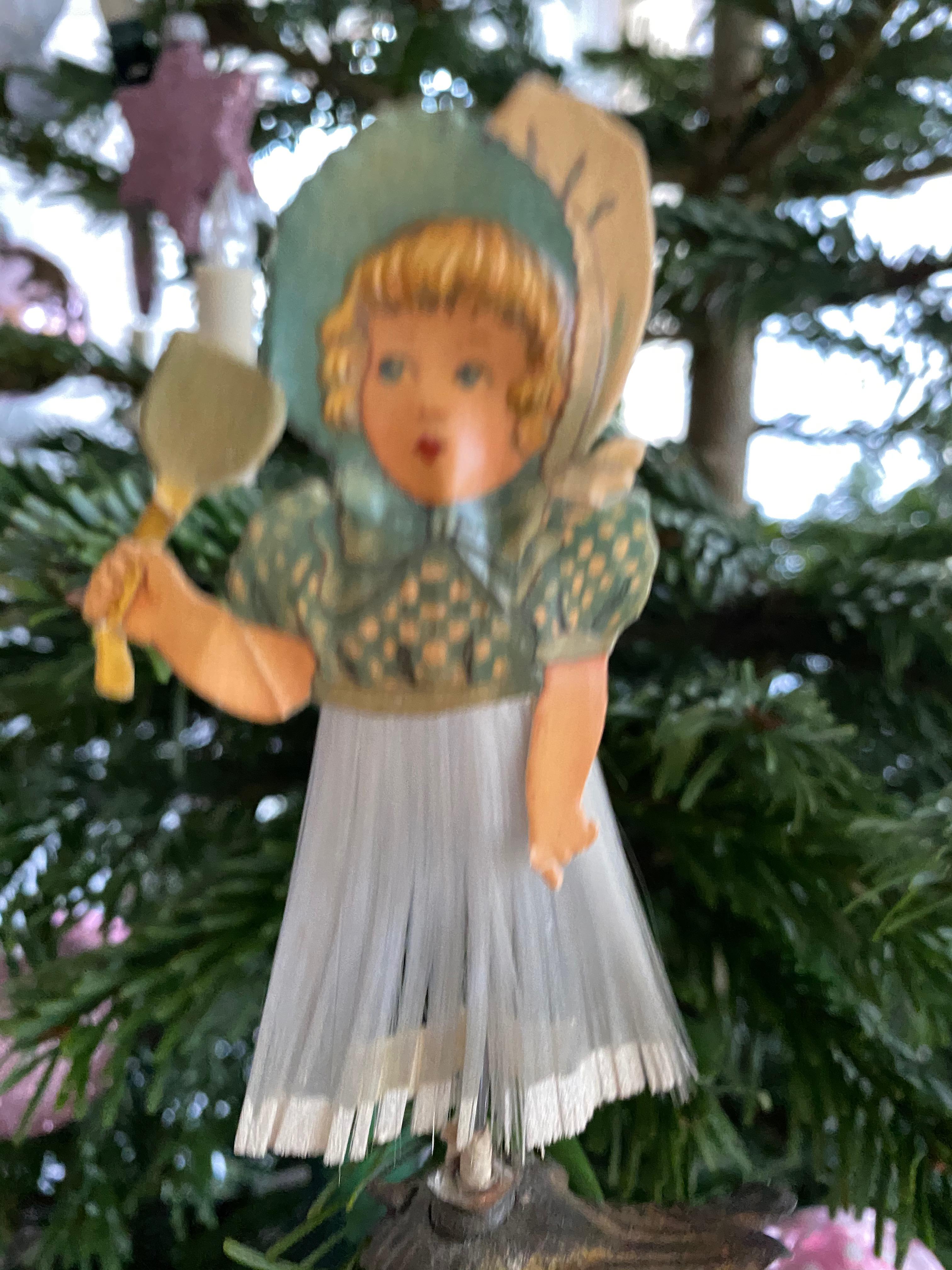 Hand-Crafted Beautiful Antique Girl Christmas Tree Clip-On Ornament, German, 1900s