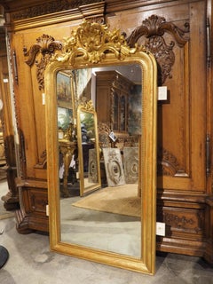 Beautiful Antique Gold Leaf French Louis Philippe Mirror with Crest, H-74 Inches