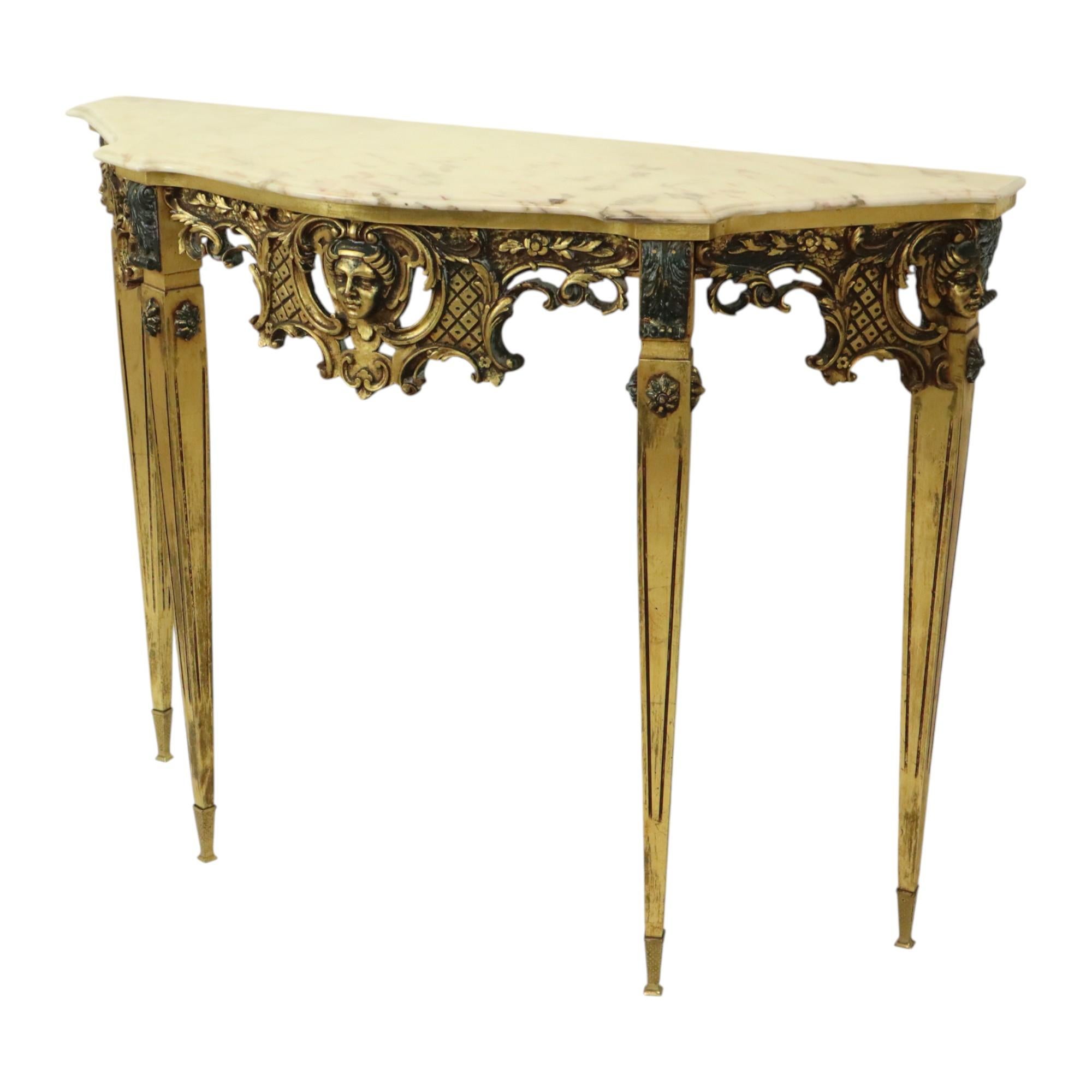 Rococo Beautiful Antique Gold Leaf Gilded Console Marble Louis XVI Style
