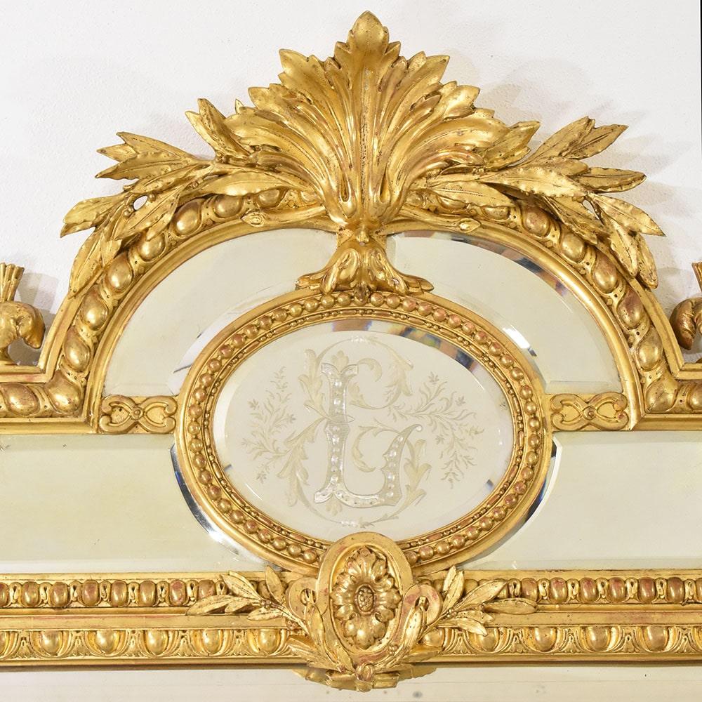 French Beautiful Antique Gold Mirror, Wall Mirror with Volutes, Gold Leaf Frame, 19th C