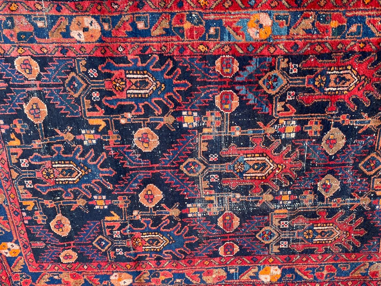 Bobyrug’s Beautiful Antique Hamadan Rug In Distressed Condition For Sale In Saint Ouen, FR