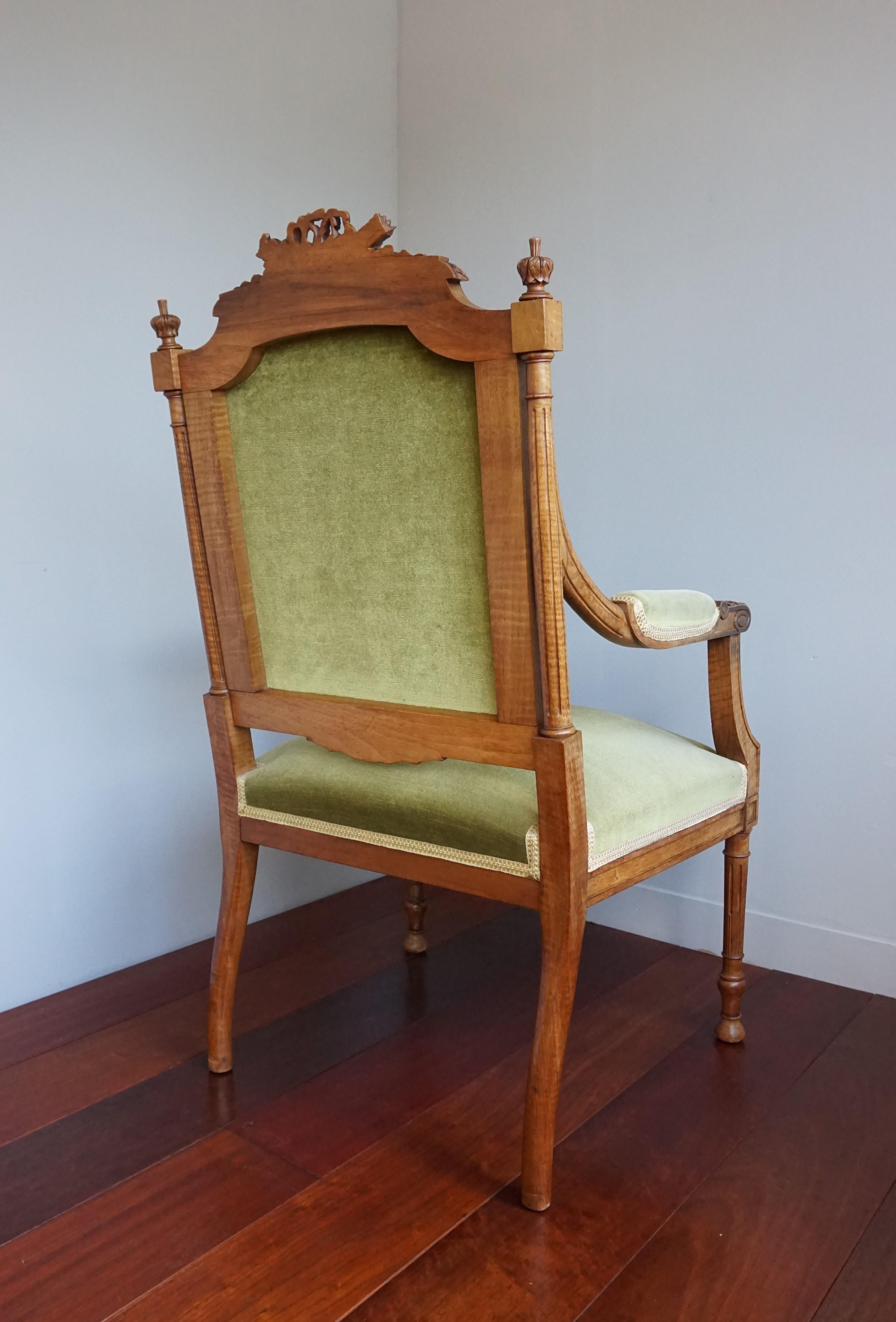 Velvet Beautiful Antique Hand Carved Nutwood Chair / Armchair With Green Upholstery For Sale