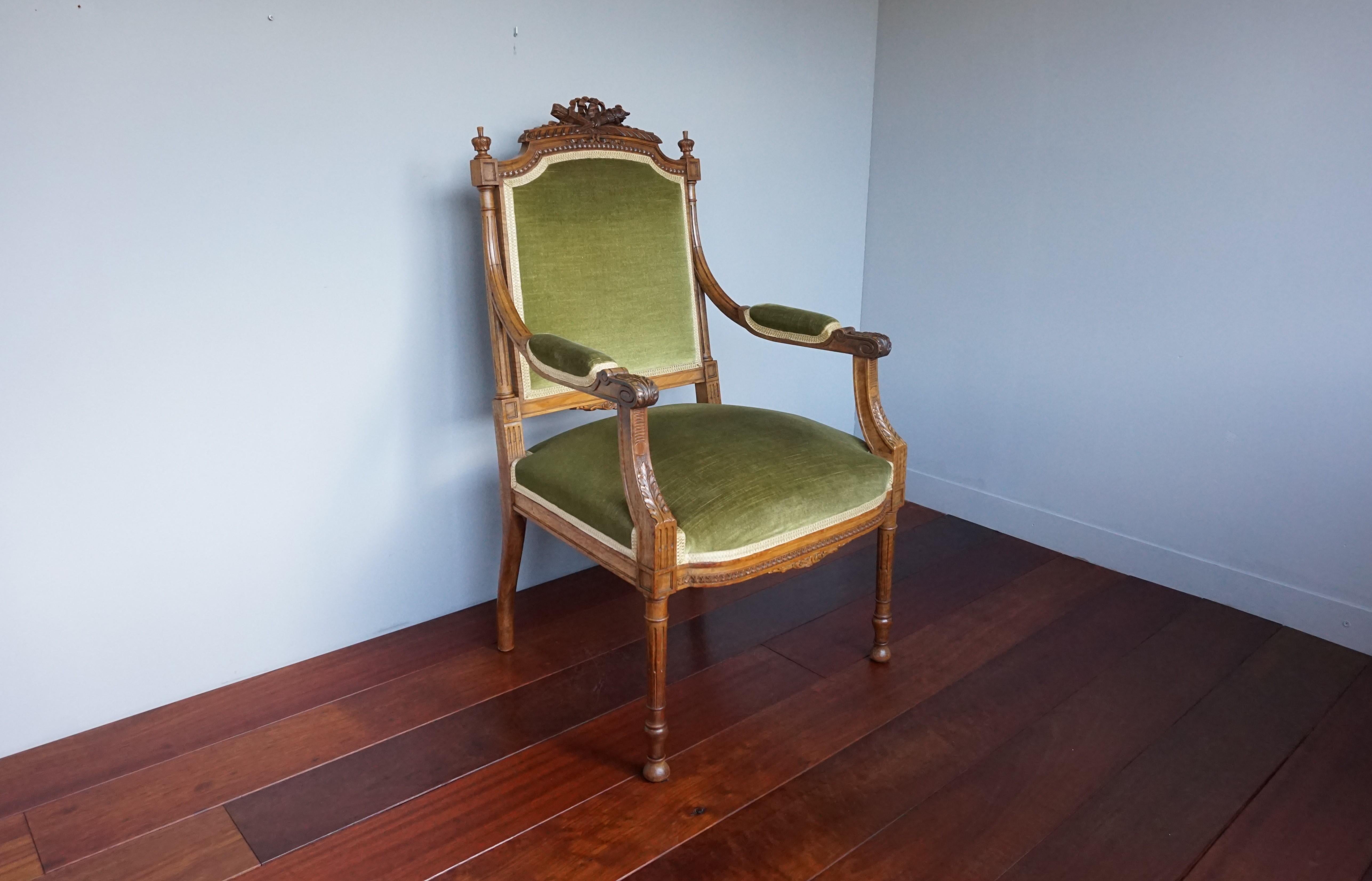 Stylish and very comfortable antique chair with perfect upholstery.

If you are looking for an incredibly well handcrafted antique chair to grace your living space then this striking specimen could be perfect for you. We cannot think of a better