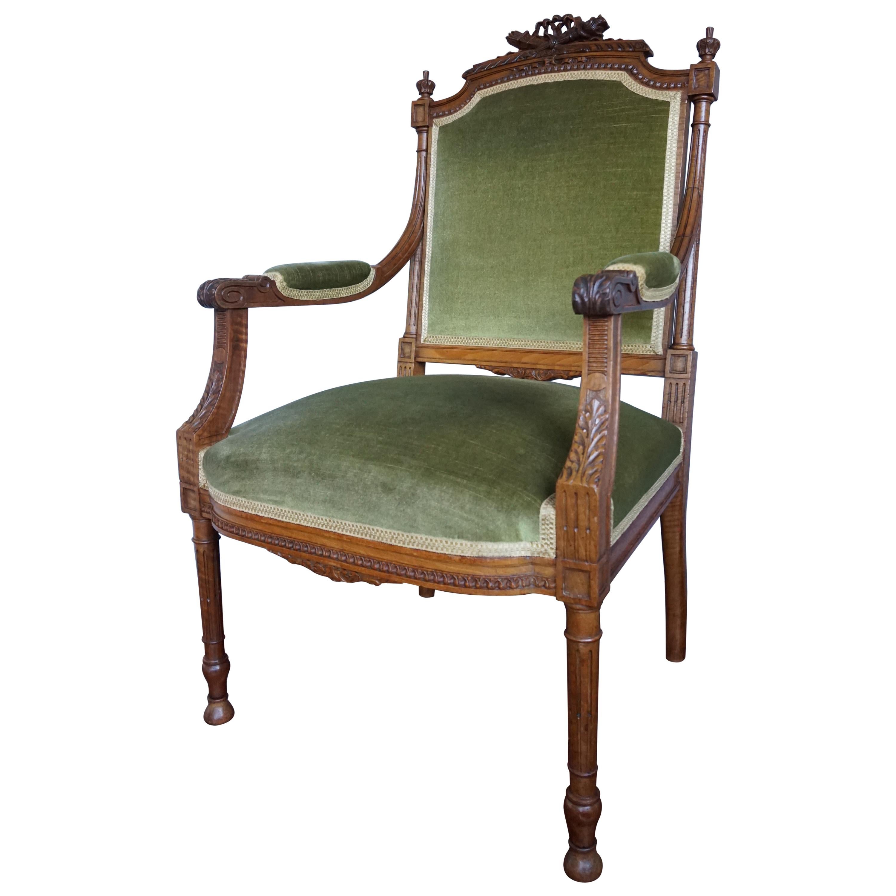 Beautiful Antique Hand Carved Nutwood Chair / Armchair With Green Upholstery